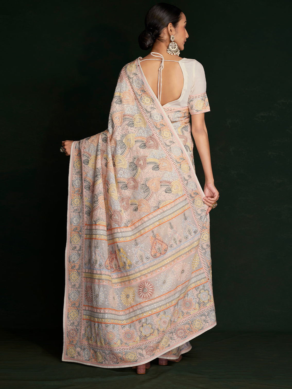 Designer Multicolor Georgette Embroidered Saree With Unstitched Blouse