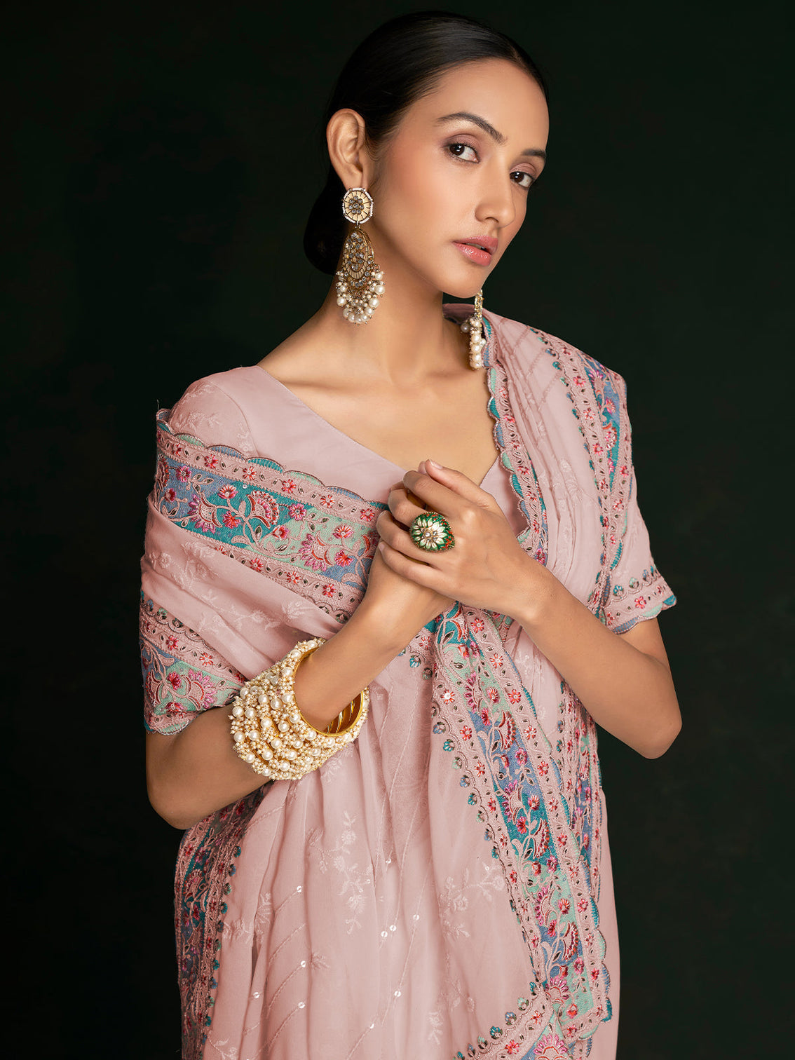 Beautiful Pink Georgette Embroidered Saree With Unstitched Blouse