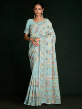 Beautiful Blue Georgette Embroidered Saree With Unstitched Blouse