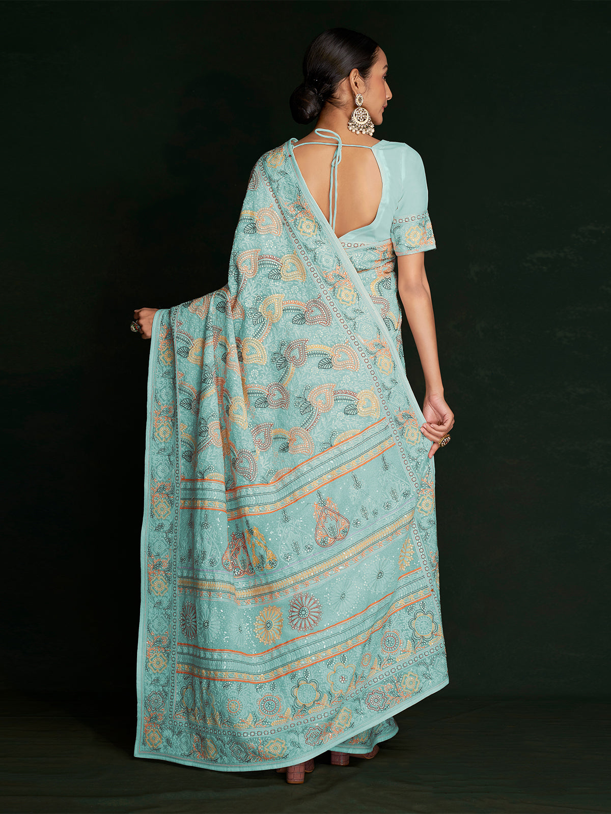 Beautiful Blue Georgette Embroidered Saree With Unstitched Blouse