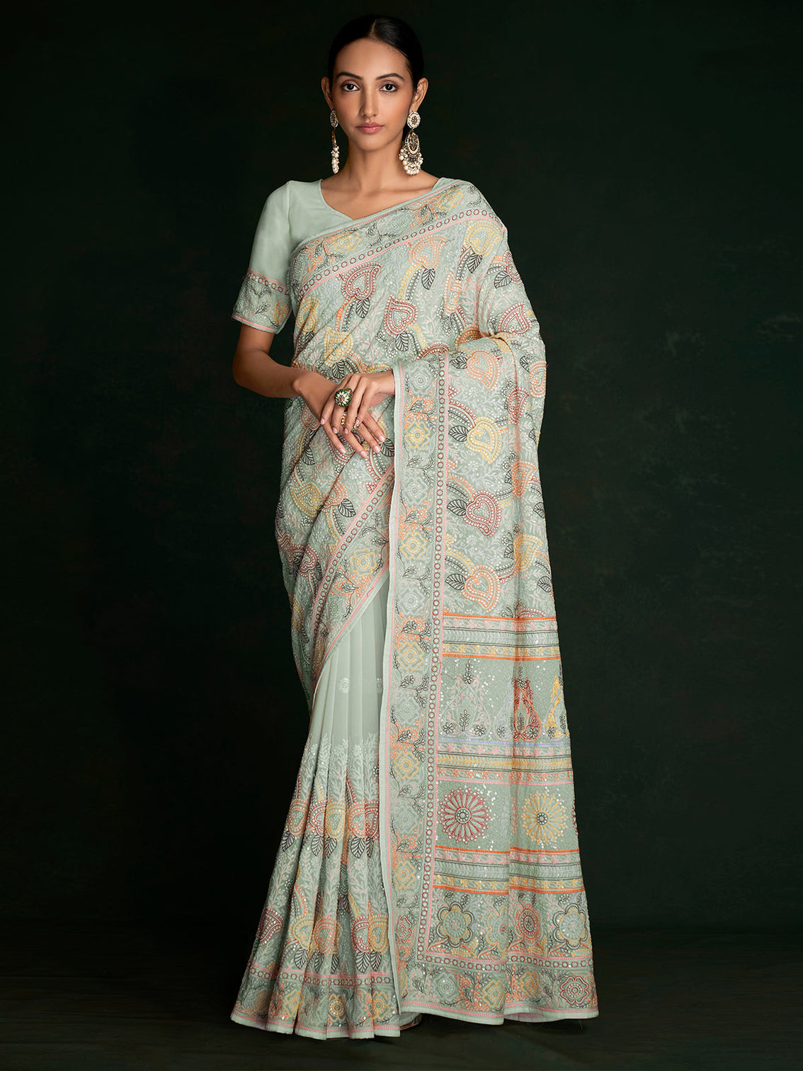 Stylish Sea Green Georgette Embroidered Saree With Unstitched Blouse