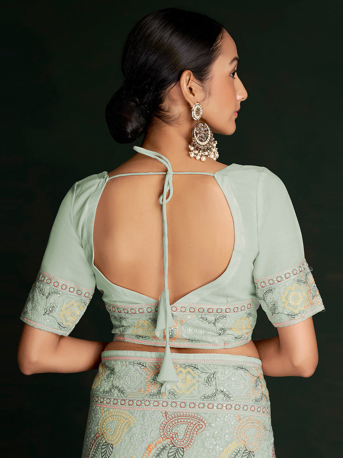 Stylish Sea Green Georgette Embroidered Saree With Unstitched Blouse