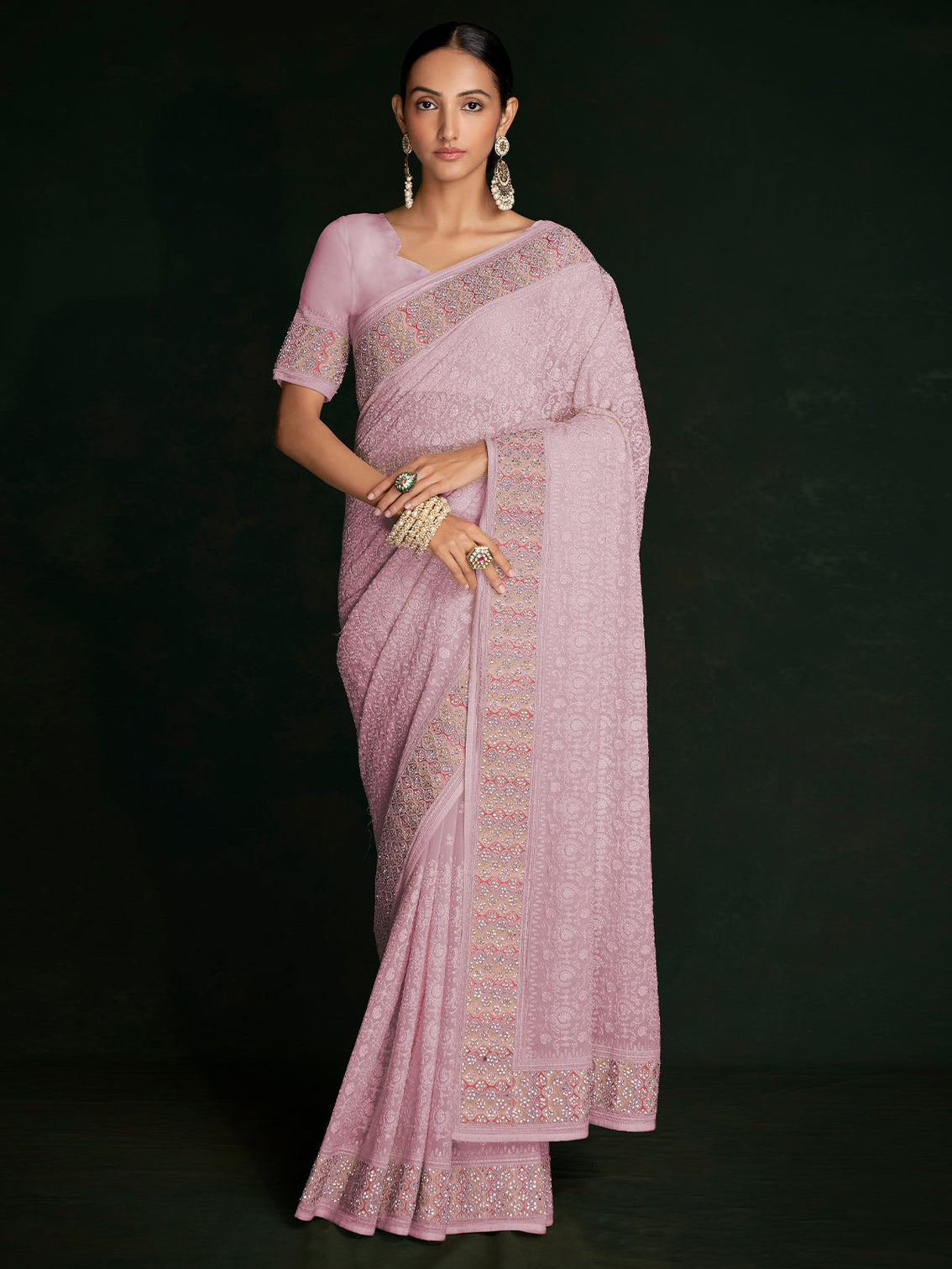 Modren Pink Georgette Embroidered Saree With Unstitched Blouse