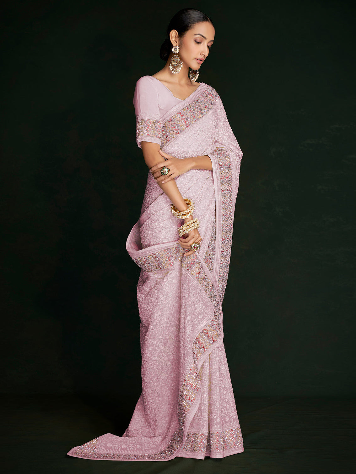 Modren Pink Georgette Embroidered Saree With Unstitched Blouse