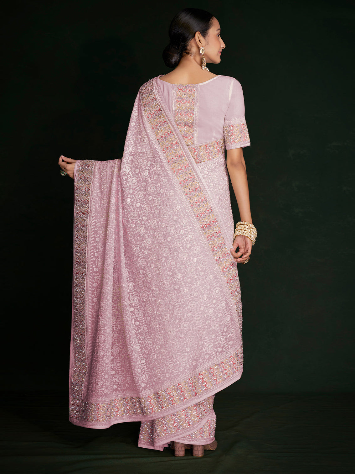Modren Pink Georgette Embroidered Saree With Unstitched Blouse