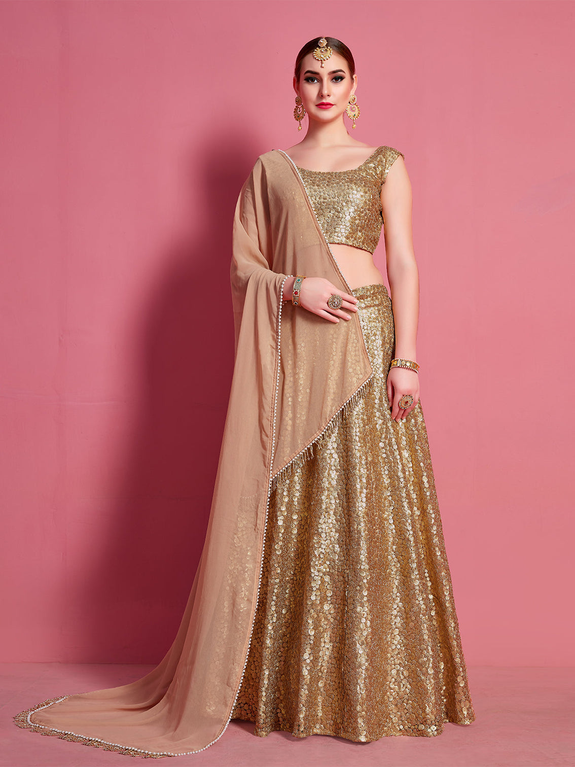 Golden Soft Net Semi Stitched Lehenga With Unstitched Blouse