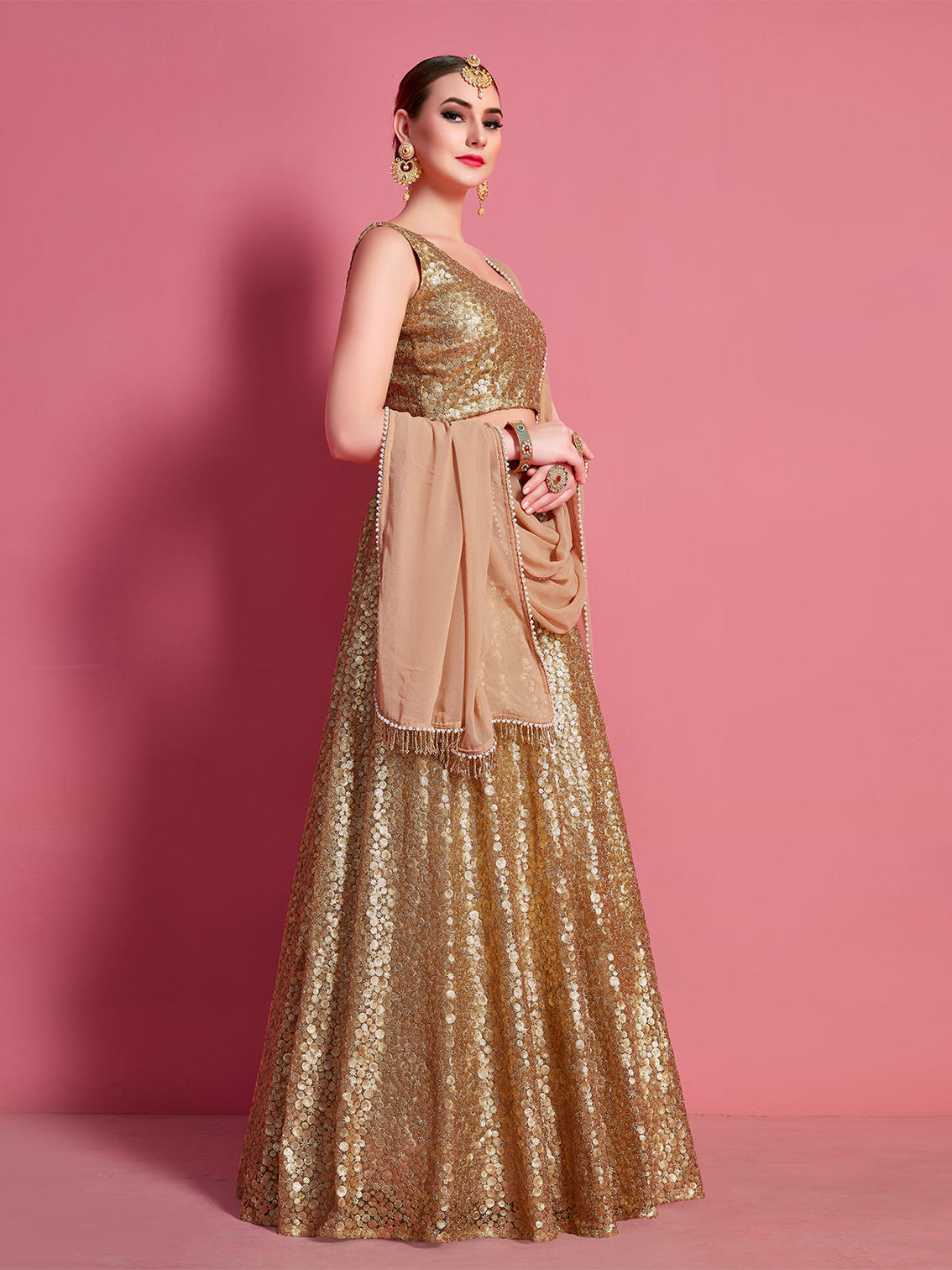 Golden Soft Net Semi Stitched Lehenga With Unstitched Blouse