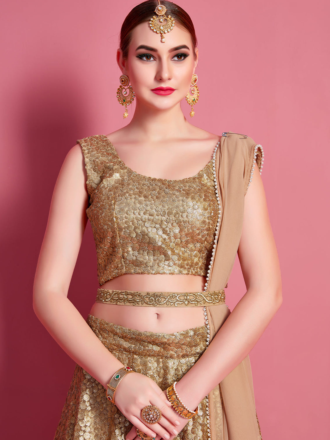 Golden Soft Net Semi Stitched Lehenga With Unstitched Blouse
