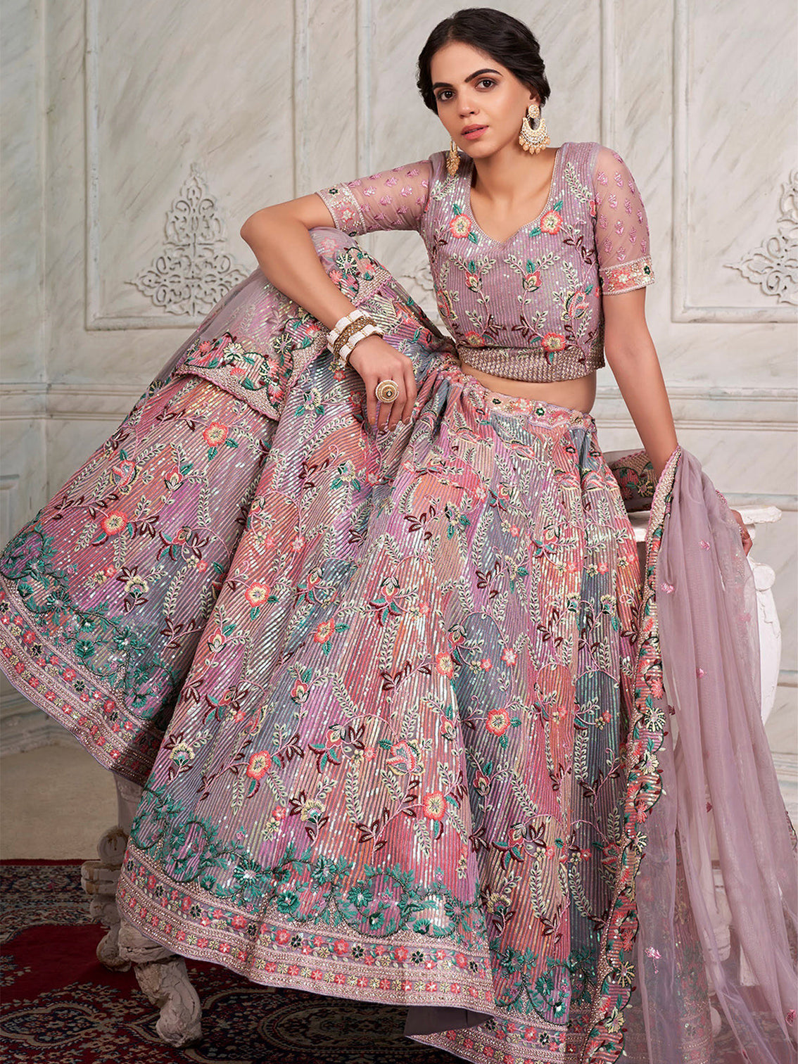 Lilac Net  Semi stitched Lehenga With Unstitched Blouse