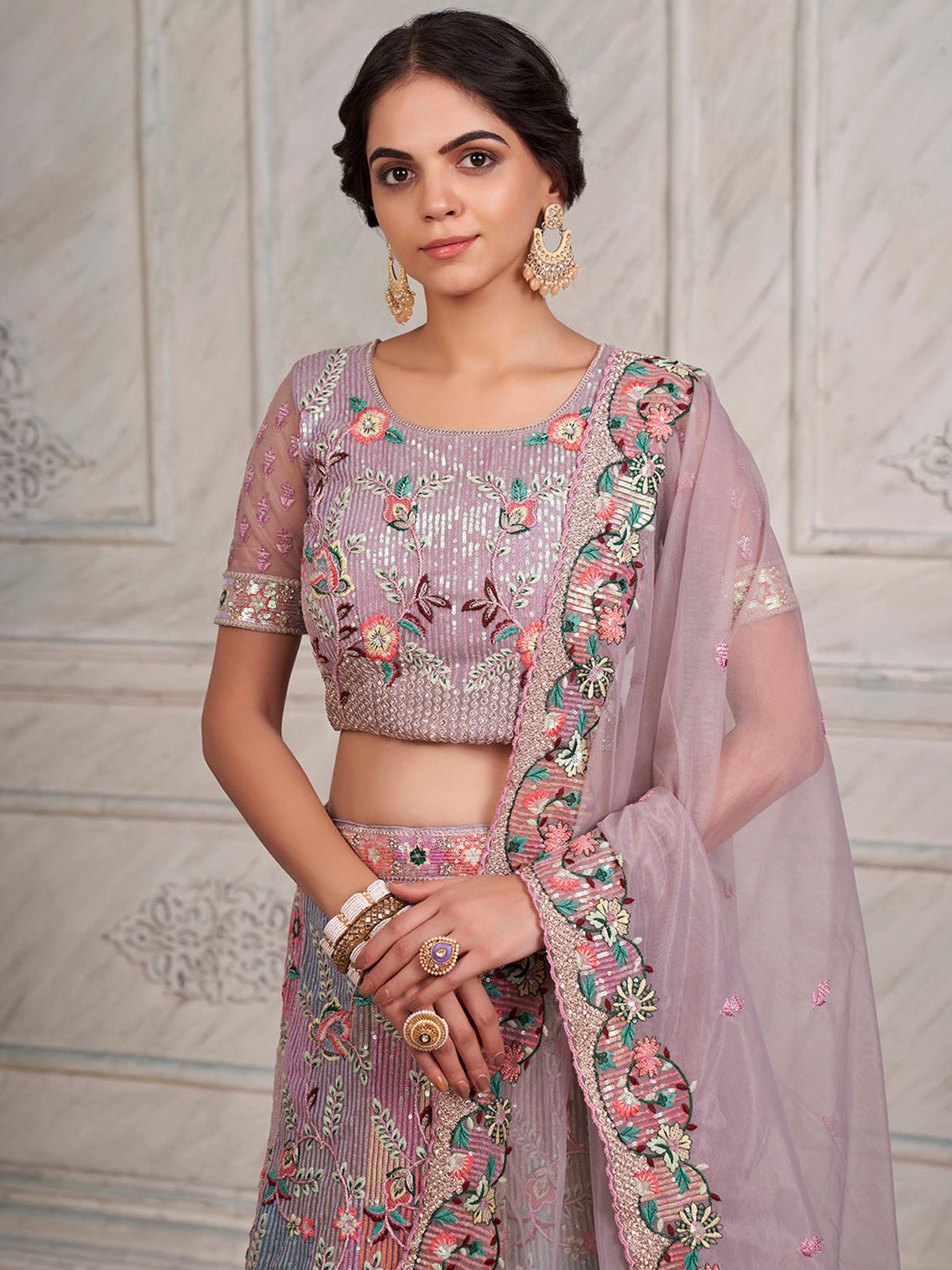 Lilac Net  Semi stitched Lehenga With Unstitched Blouse