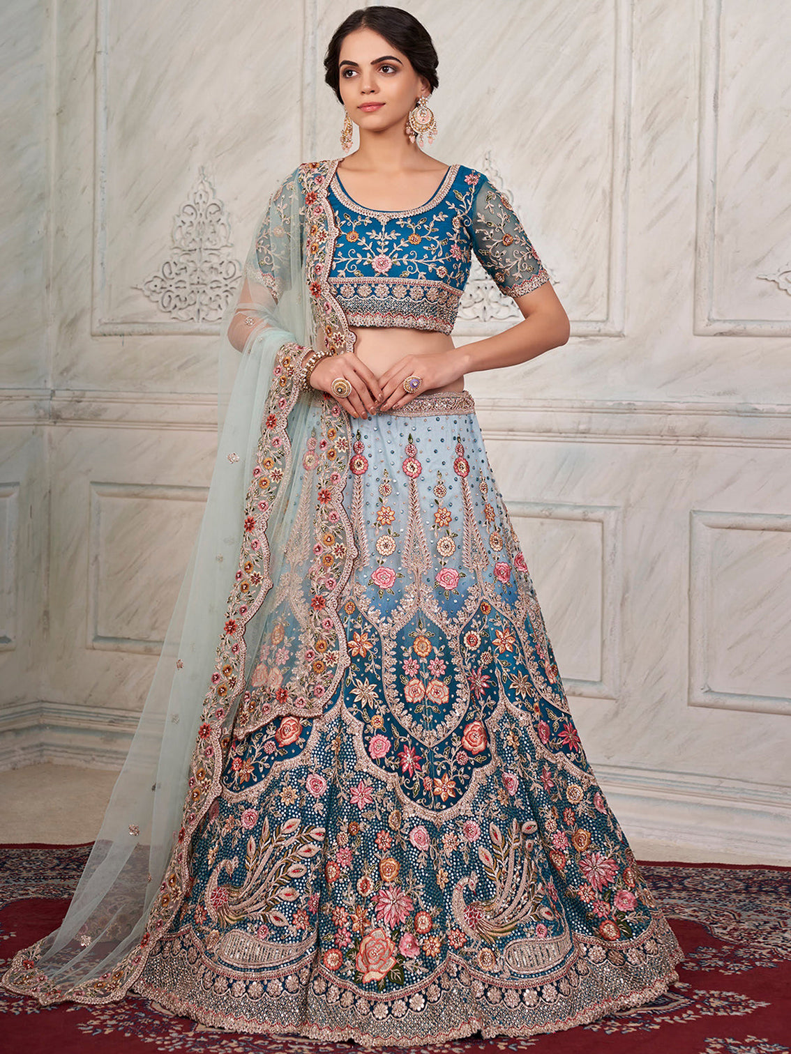 Blue Net  Semi stitched Lehenga With Unstitched Blouse