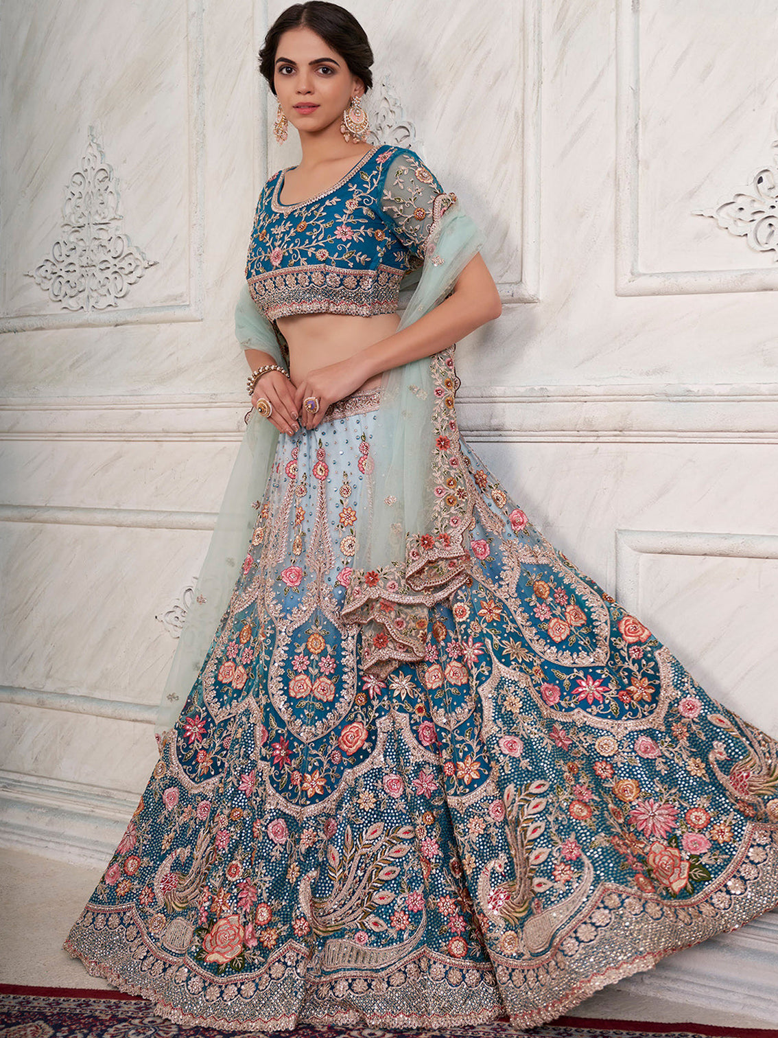 Blue Net  Semi stitched Lehenga With Unstitched Blouse