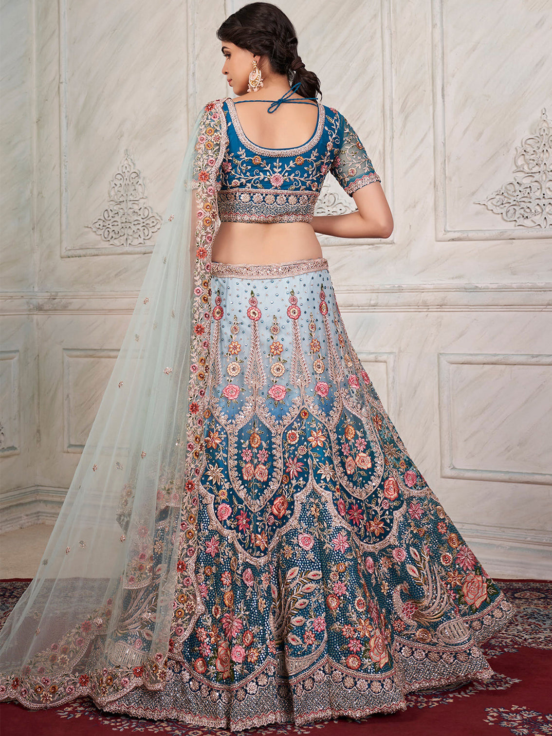 Blue Net  Semi stitched Lehenga With Unstitched Blouse