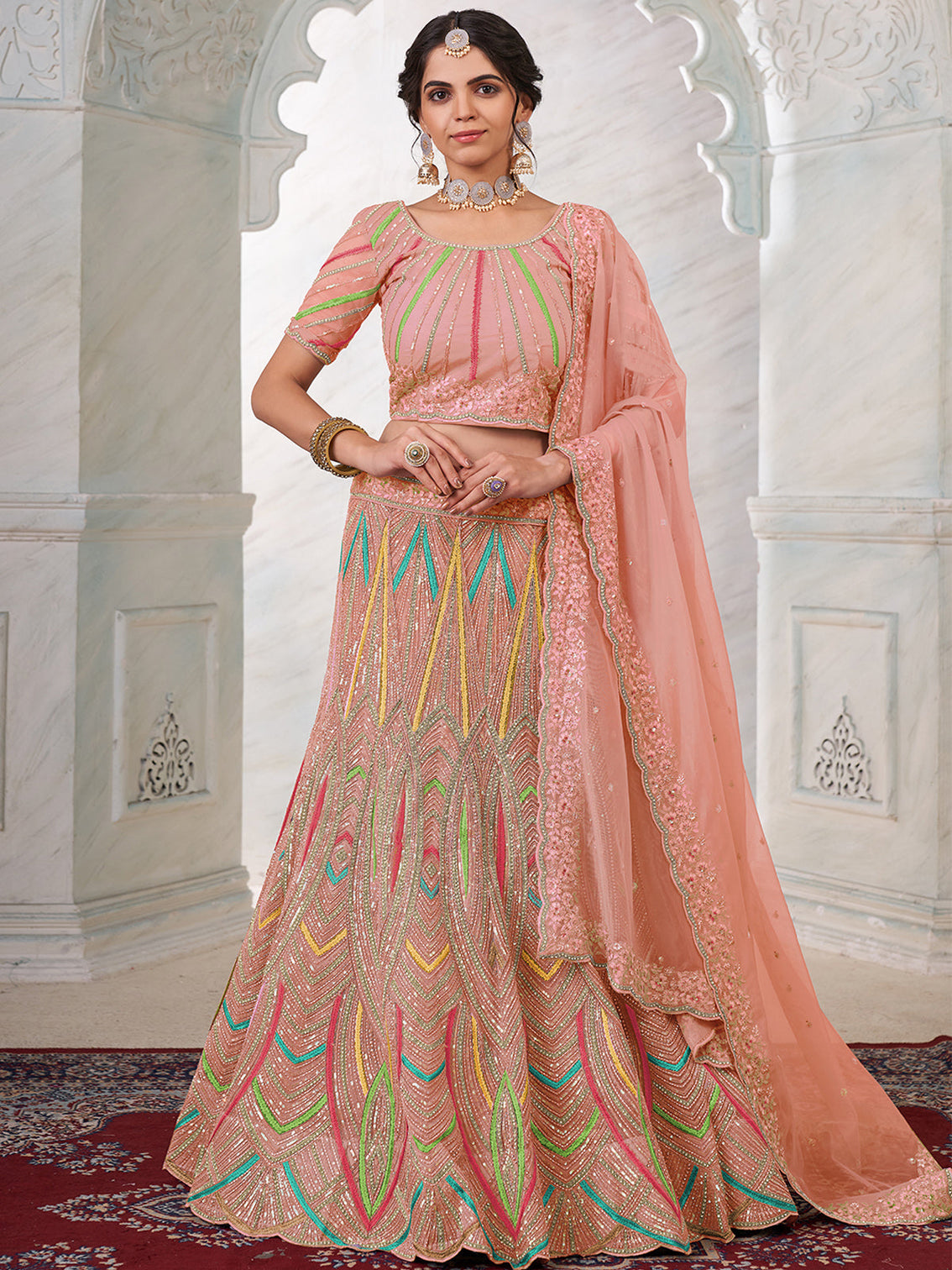 Peach Net Semi stitched Lehenga With Unstitched Blouse