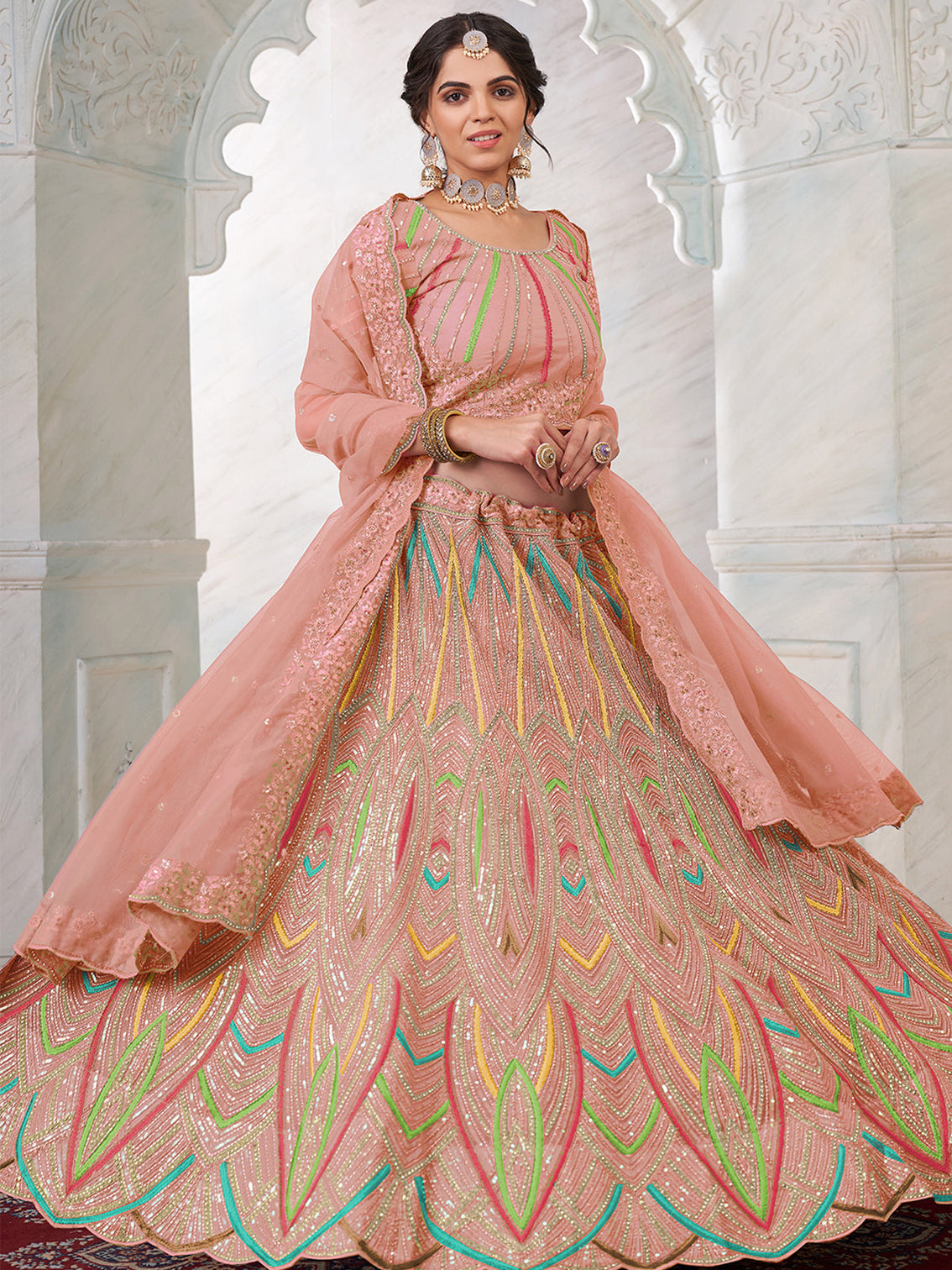 Peach Net Semi stitched Lehenga With Unstitched Blouse