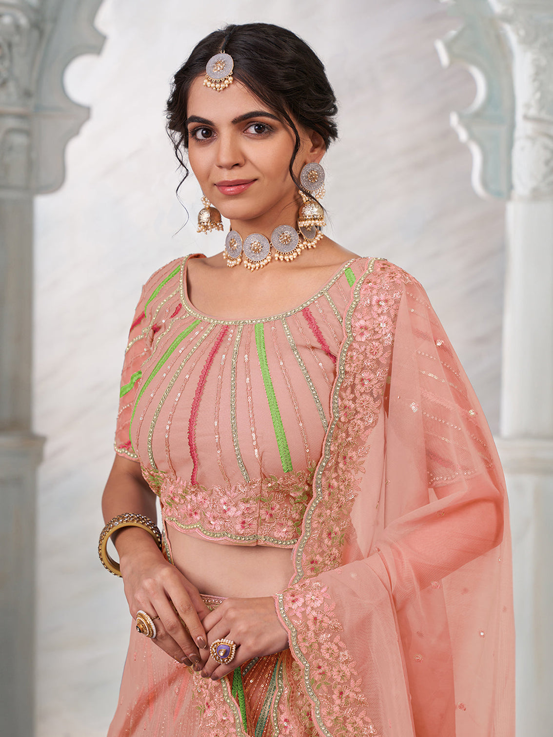 Peach Net Semi stitched Lehenga With Unstitched Blouse