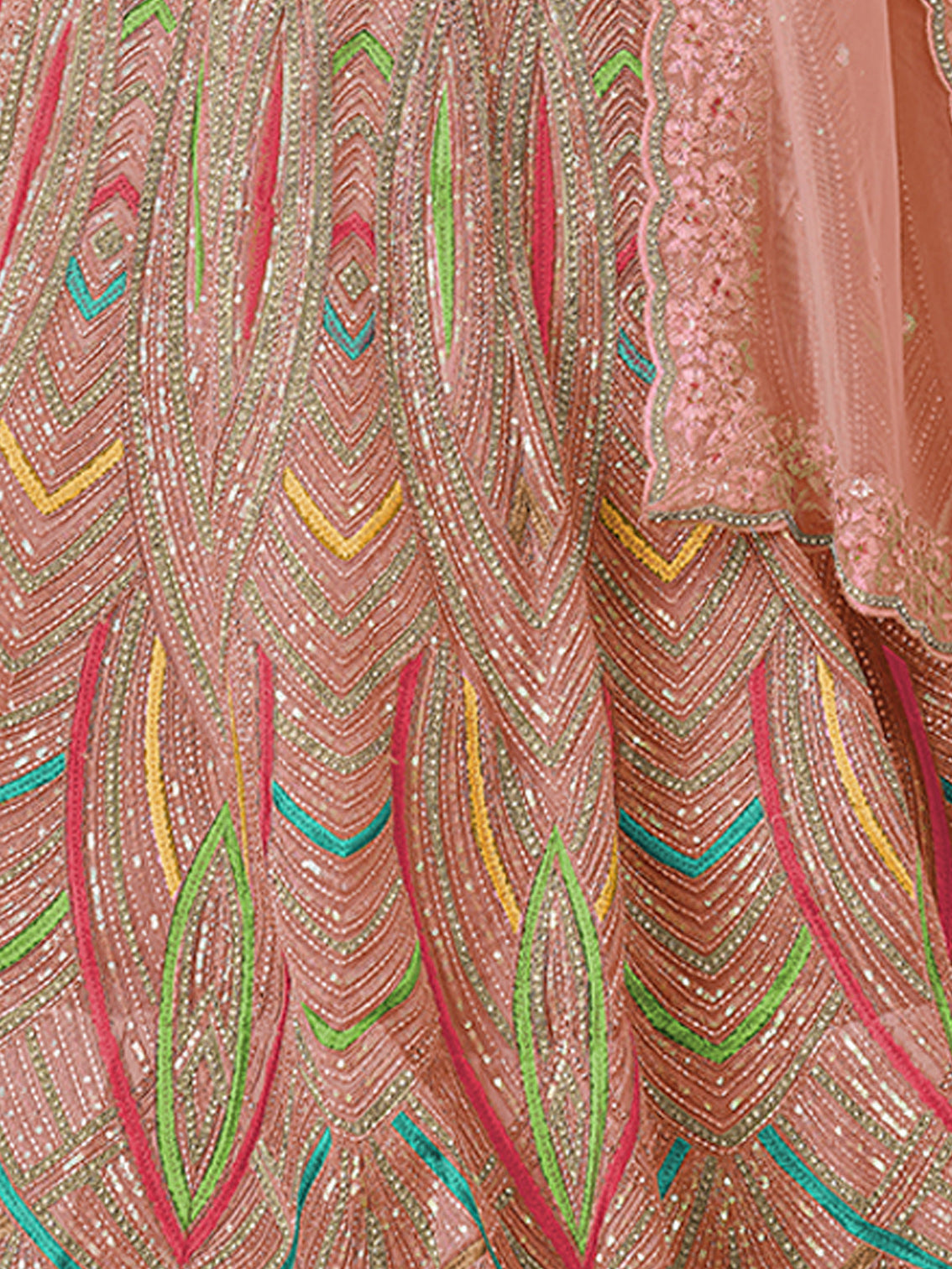 Peach Net Semi stitched Lehenga With Unstitched Blouse