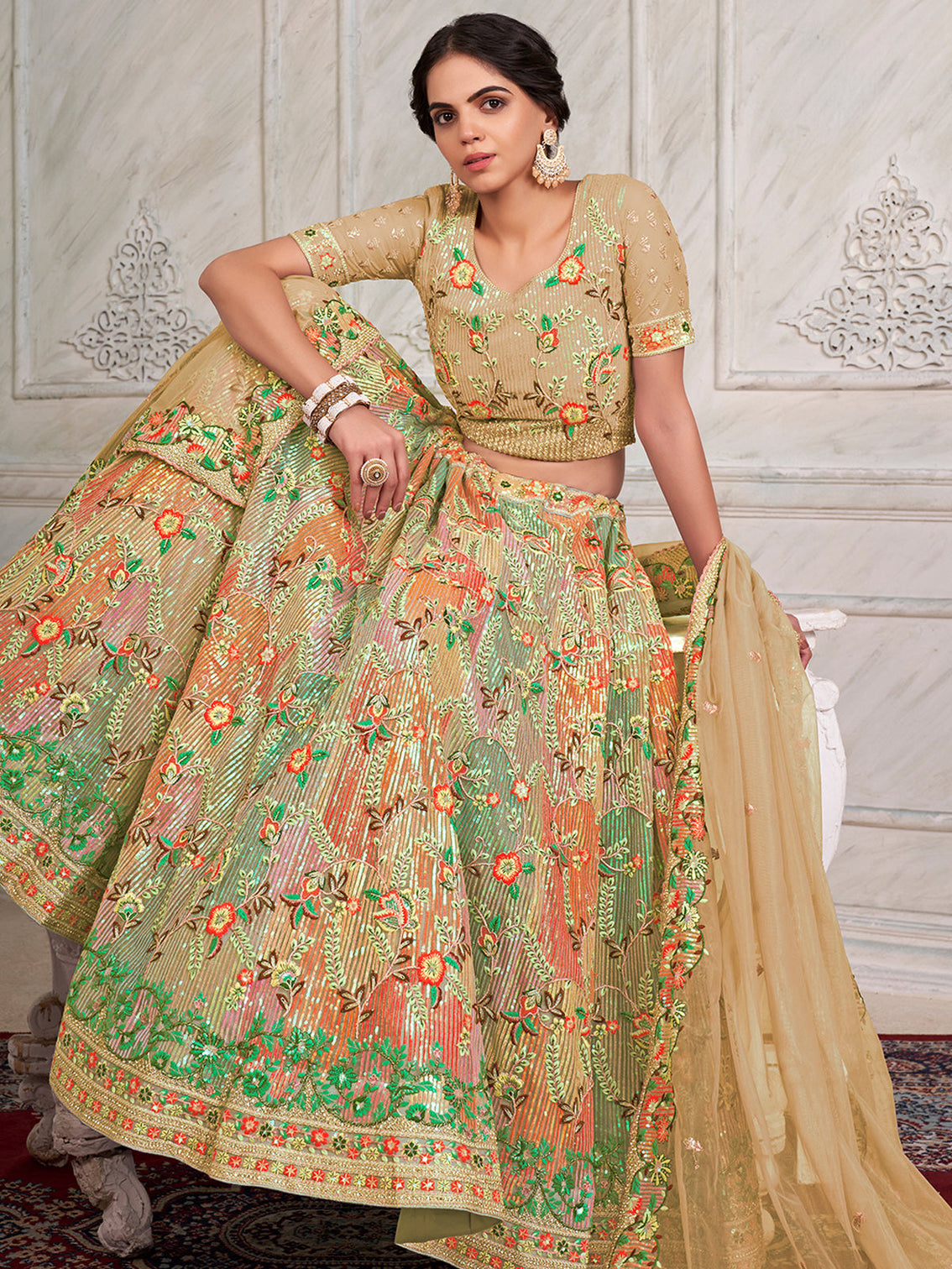 Beige Net Semi stitched Lehenga With Unstitched Blouse
