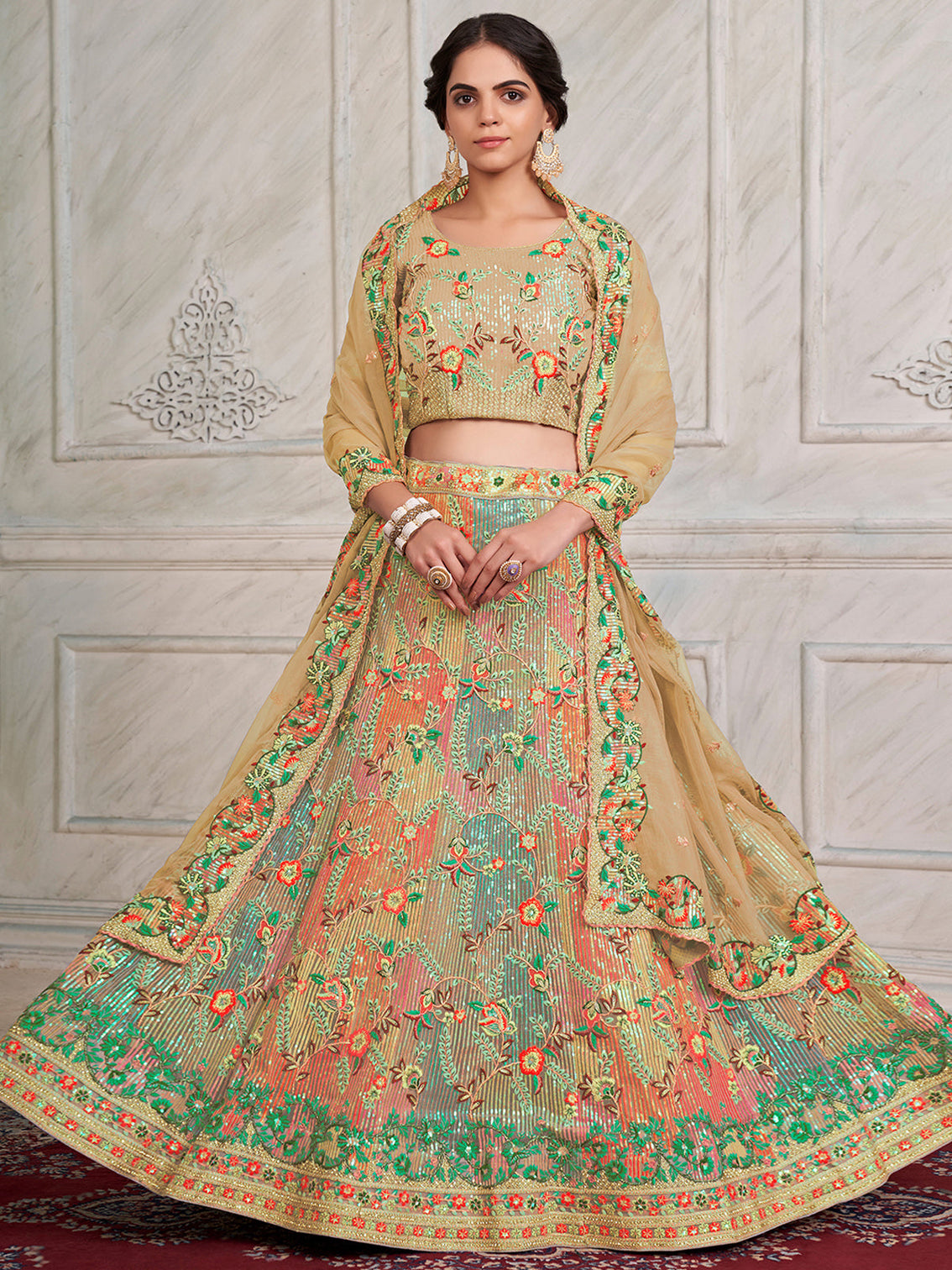Beige Net Semi stitched Lehenga With Unstitched Blouse