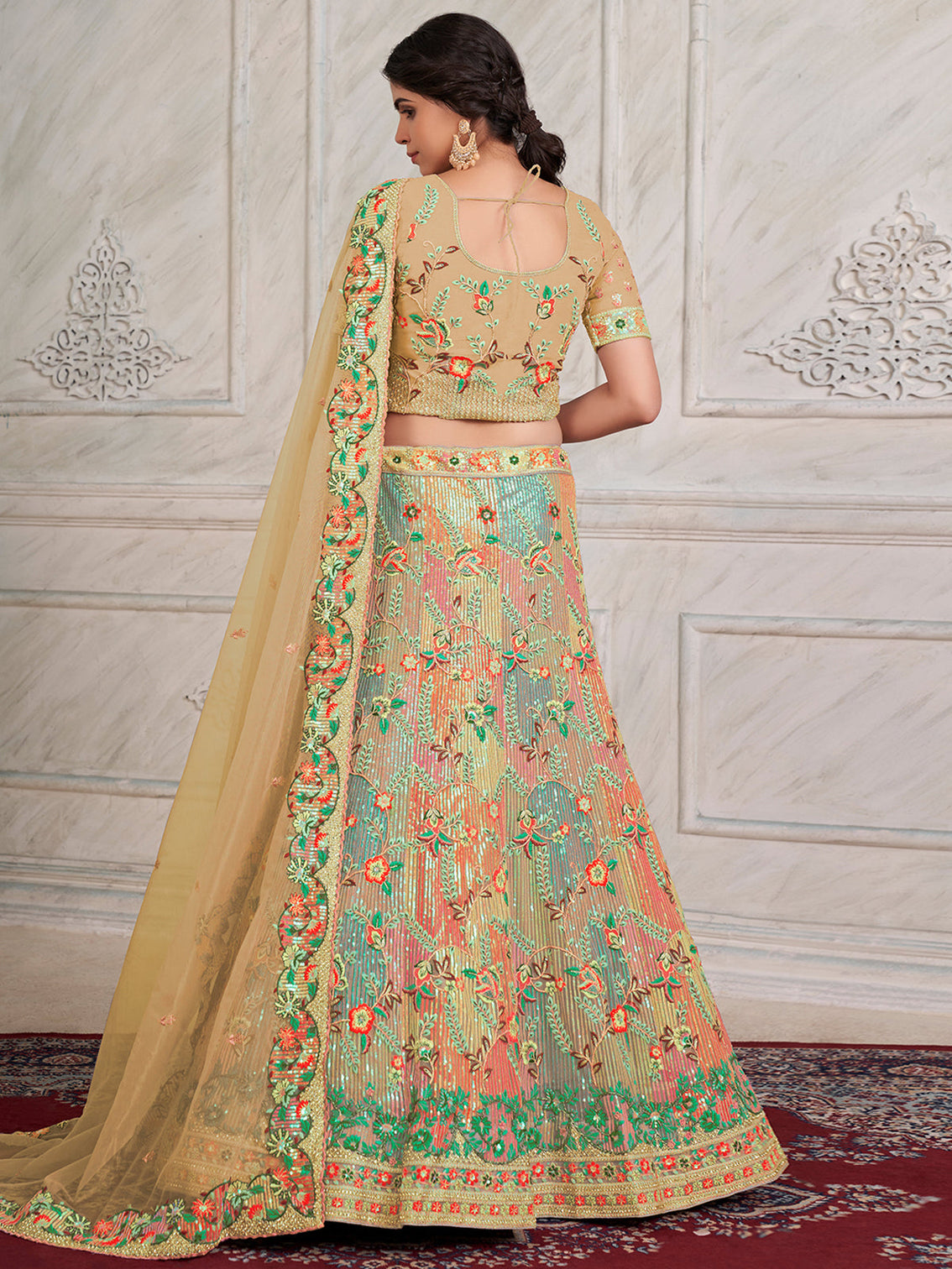 Beige Net Semi stitched Lehenga With Unstitched Blouse