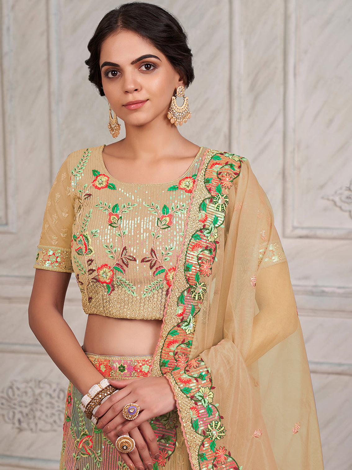 Beige Net Semi stitched Lehenga With Unstitched Blouse