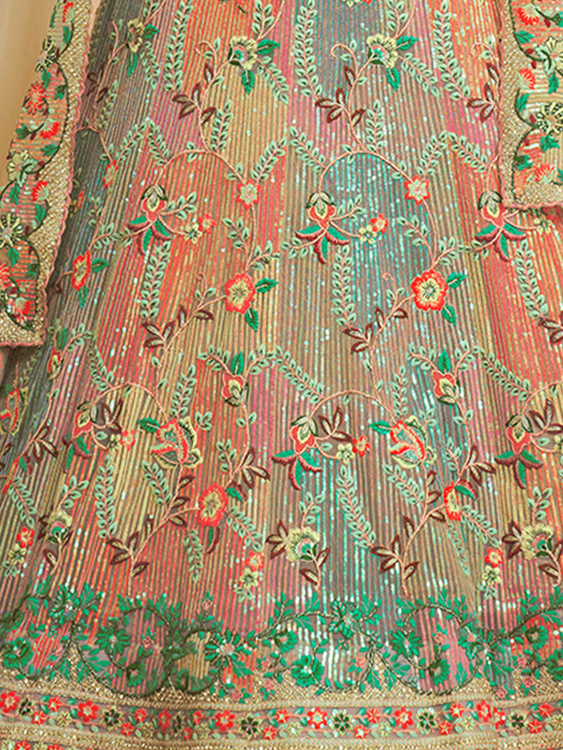 Beige Net Semi stitched Lehenga With Unstitched Blouse