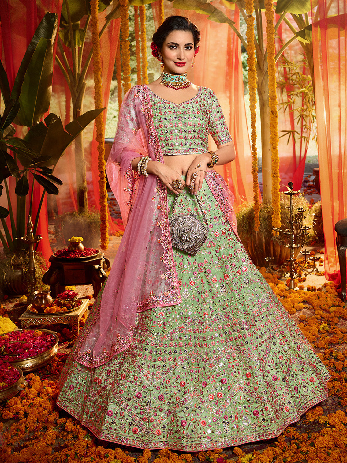 Green Sequins Sassy Semi Stitched Lehenga With Unstitched Blouse