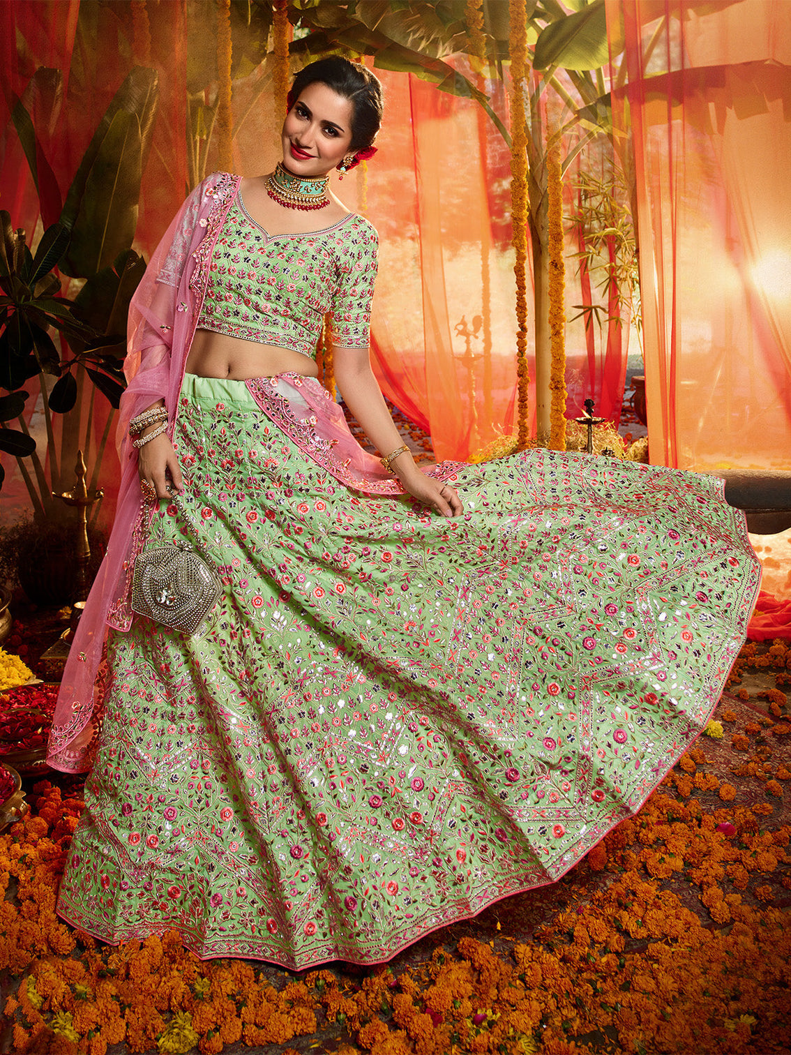 Green Sequins Sassy Semi Stitched Lehenga With Unstitched Blouse