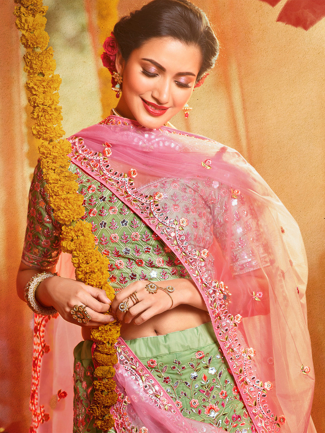 Green Sequins Sassy Semi Stitched Lehenga With Unstitched Blouse