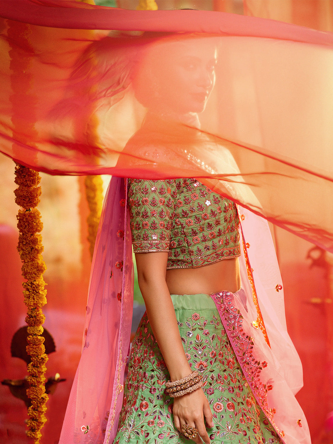 Green Sequins Sassy Semi Stitched Lehenga With Unstitched Blouse