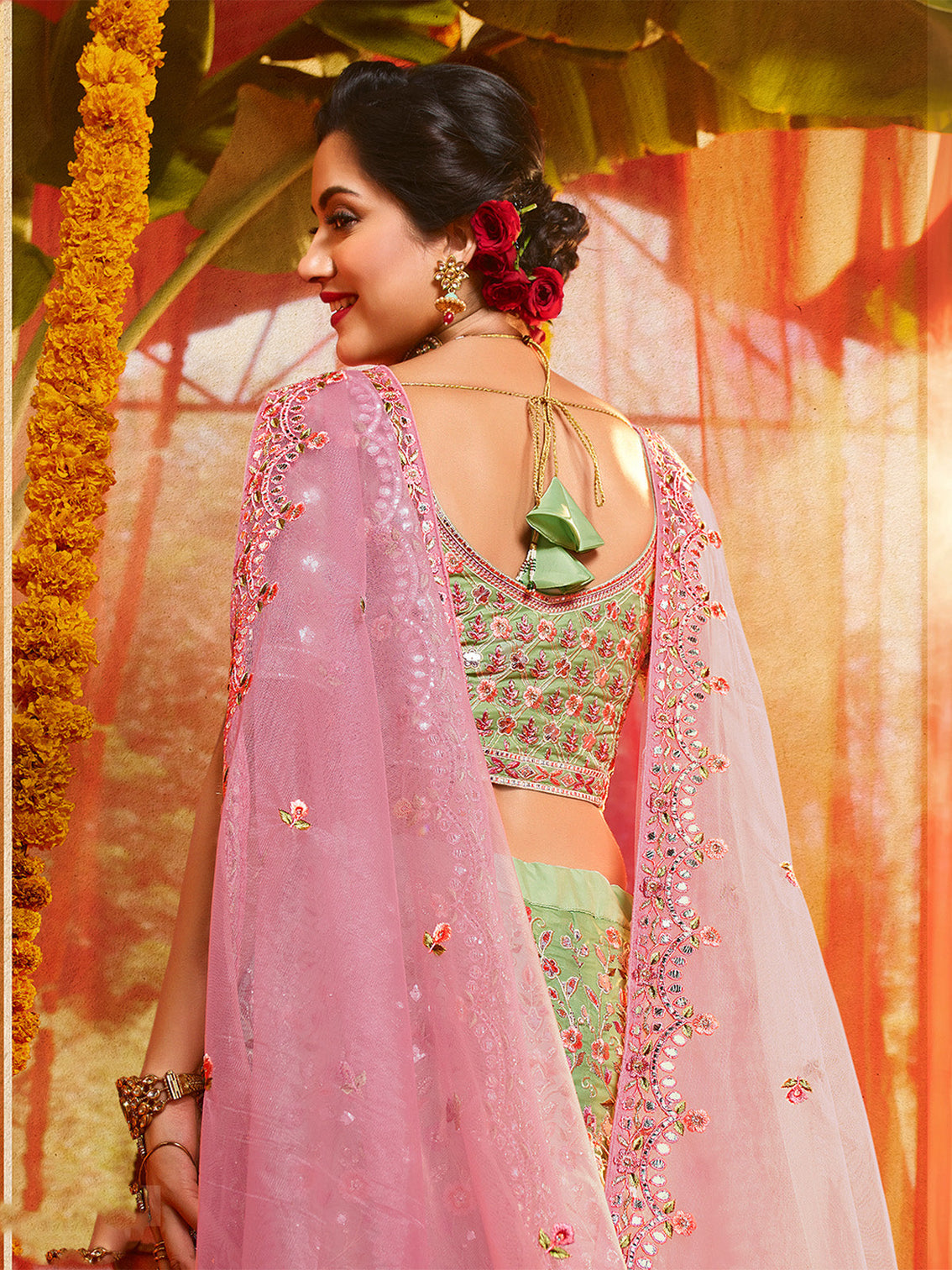 Green Sequins Sassy Semi Stitched Lehenga With Unstitched Blouse