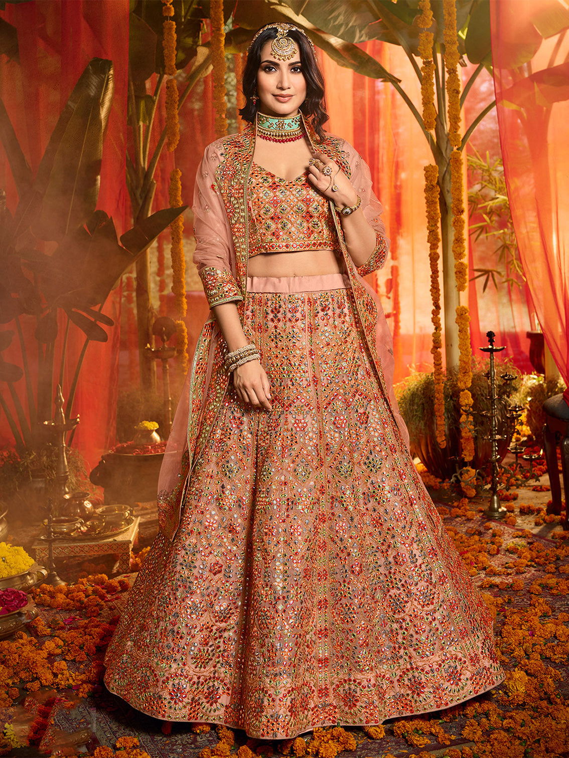 Peach Soft Net Sequins Semi Stitched Lehenga With Unstitched Blouse