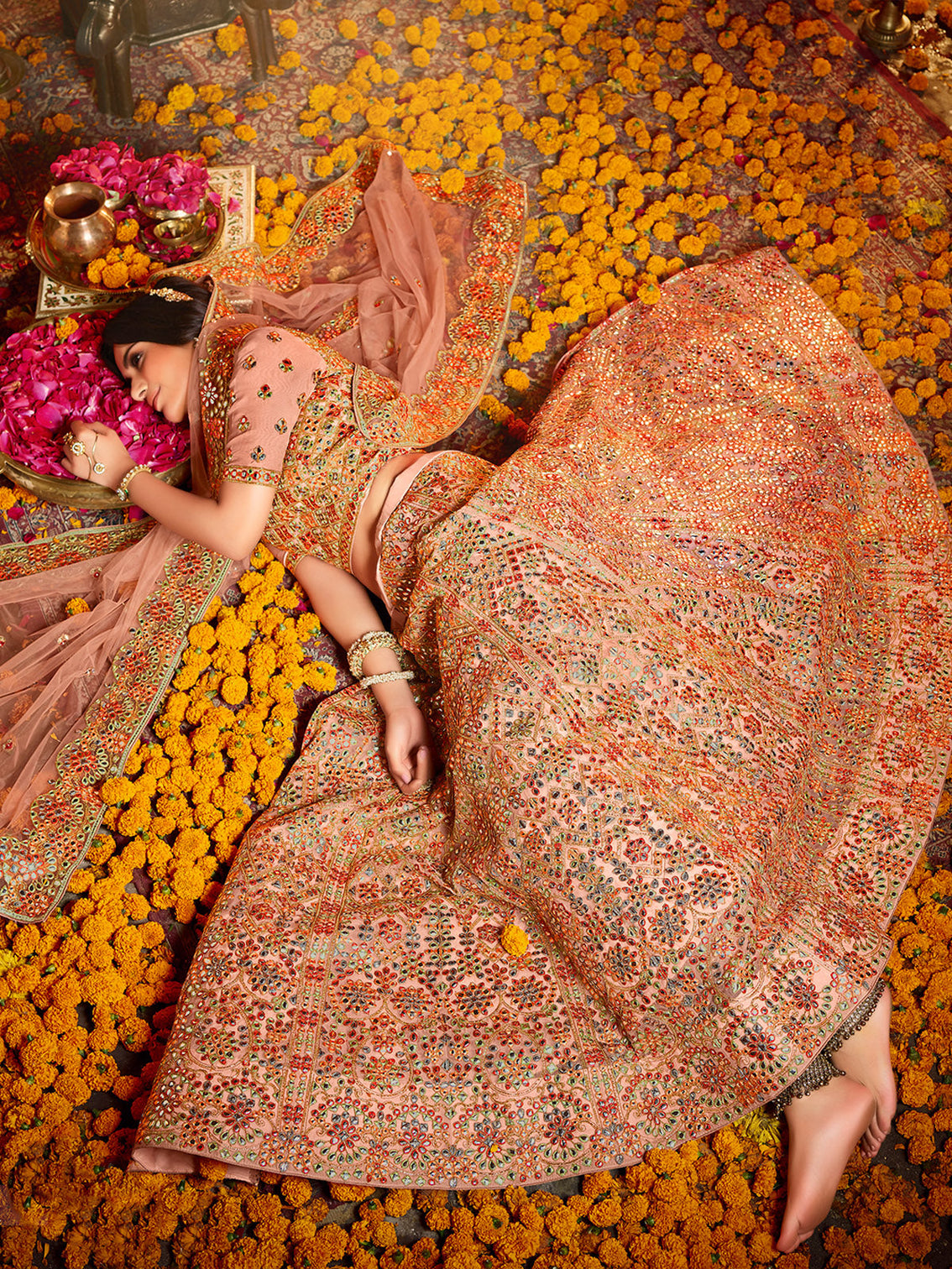 Peach Soft Net Sequins Semi Stitched Lehenga With Unstitched Blouse
