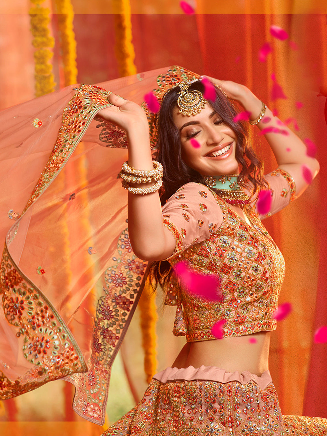 Peach Soft Net Sequins Semi Stitched Lehenga With Unstitched Blouse