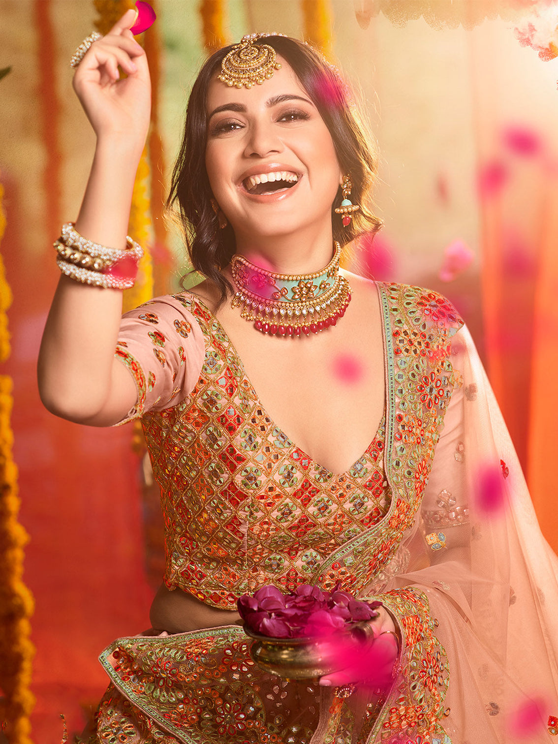 Peach Soft Net Sequins Semi Stitched Lehenga With Unstitched Blouse