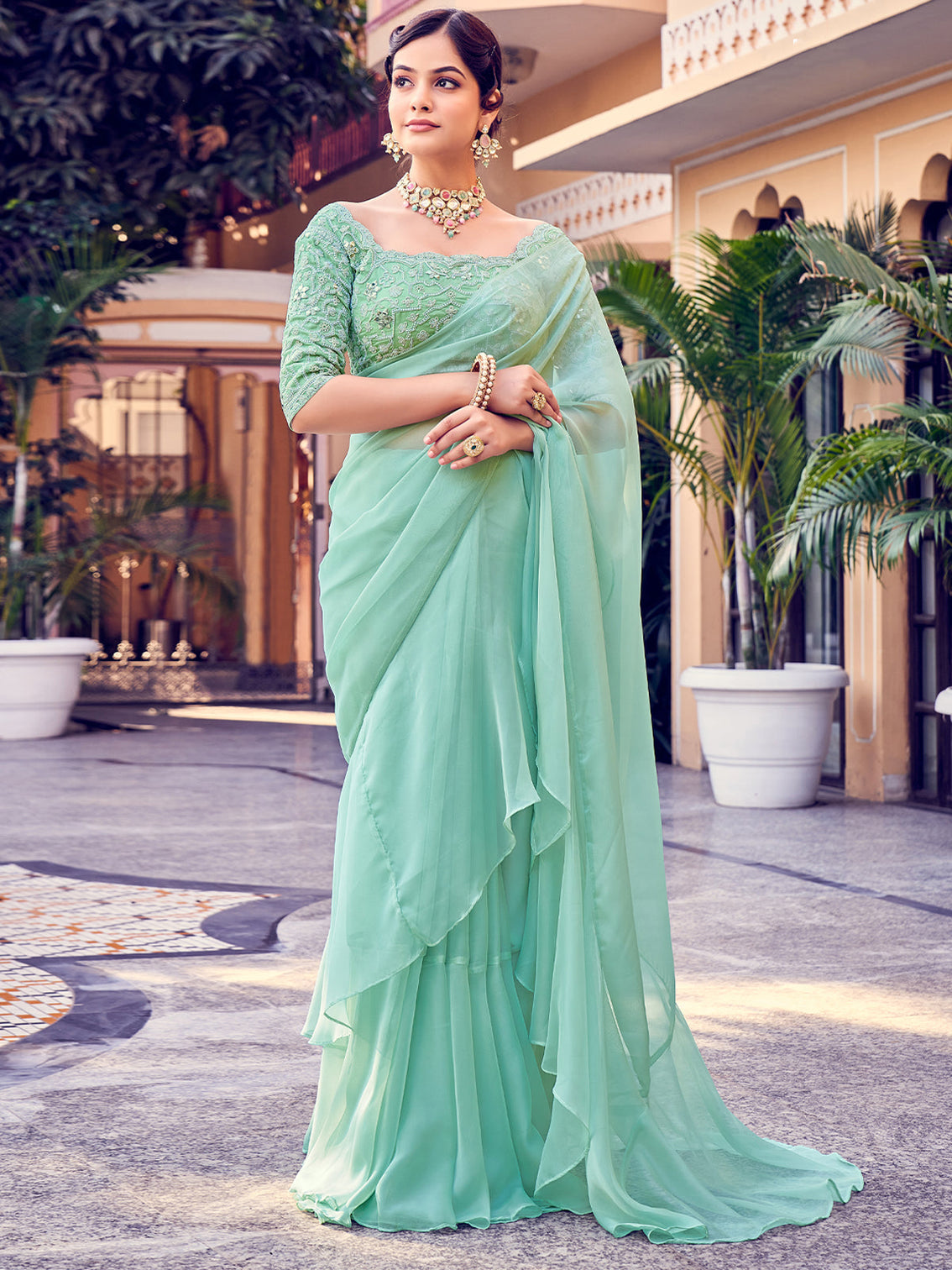 Sea Green Organza Solid Saree With Blouse Piece