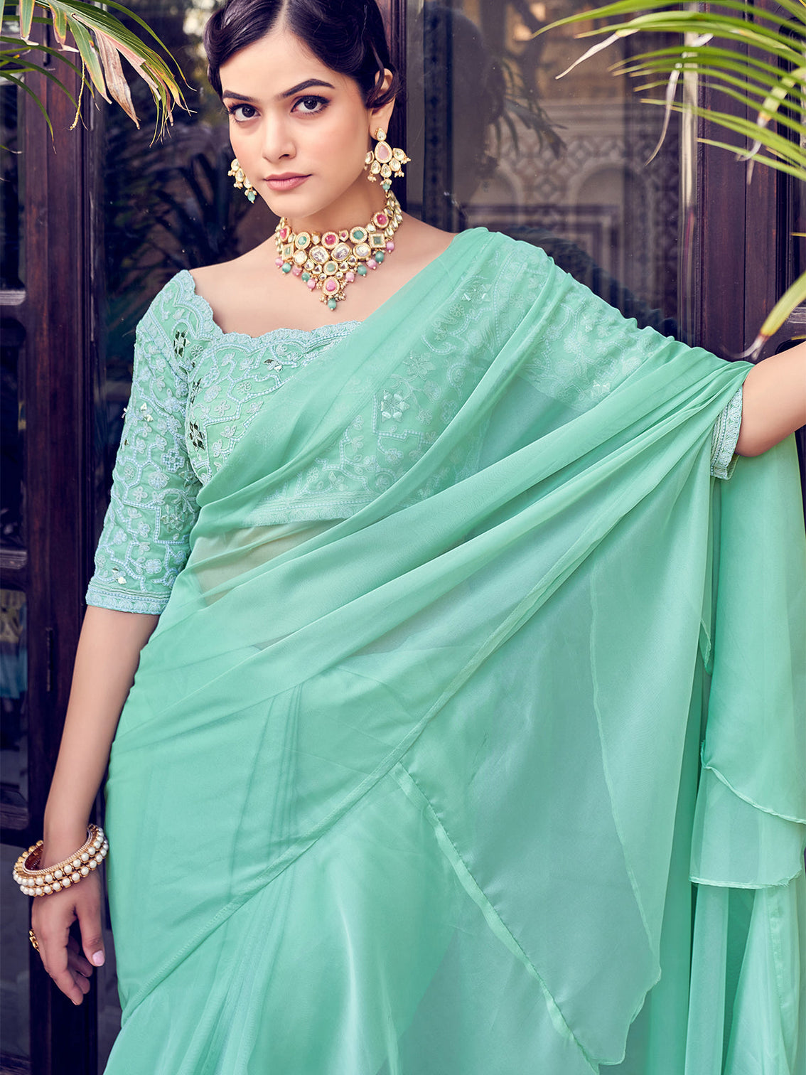 Sea Green Organza Solid Saree With Blouse Piece