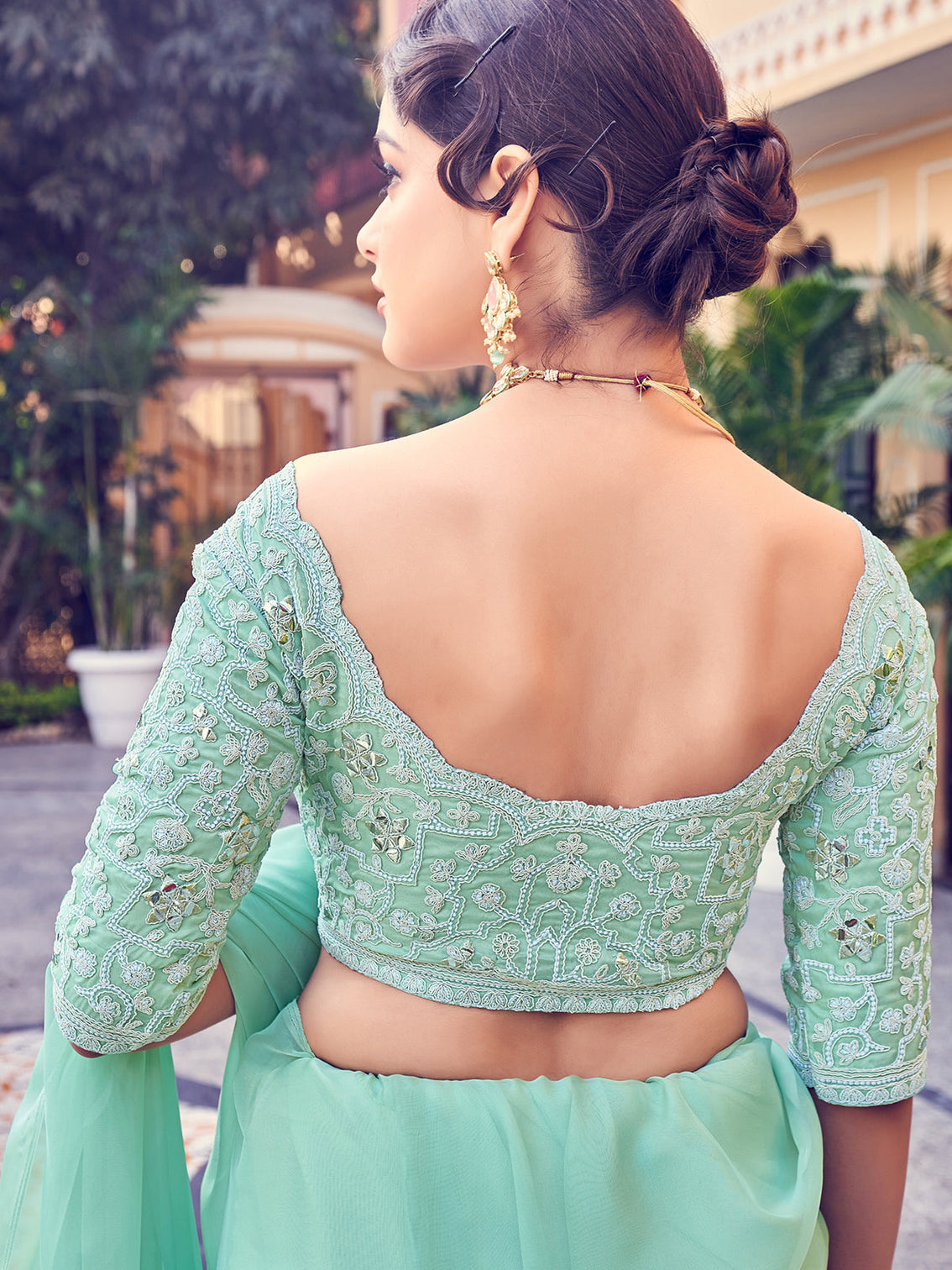 Sea Green Organza Solid Saree With Blouse Piece