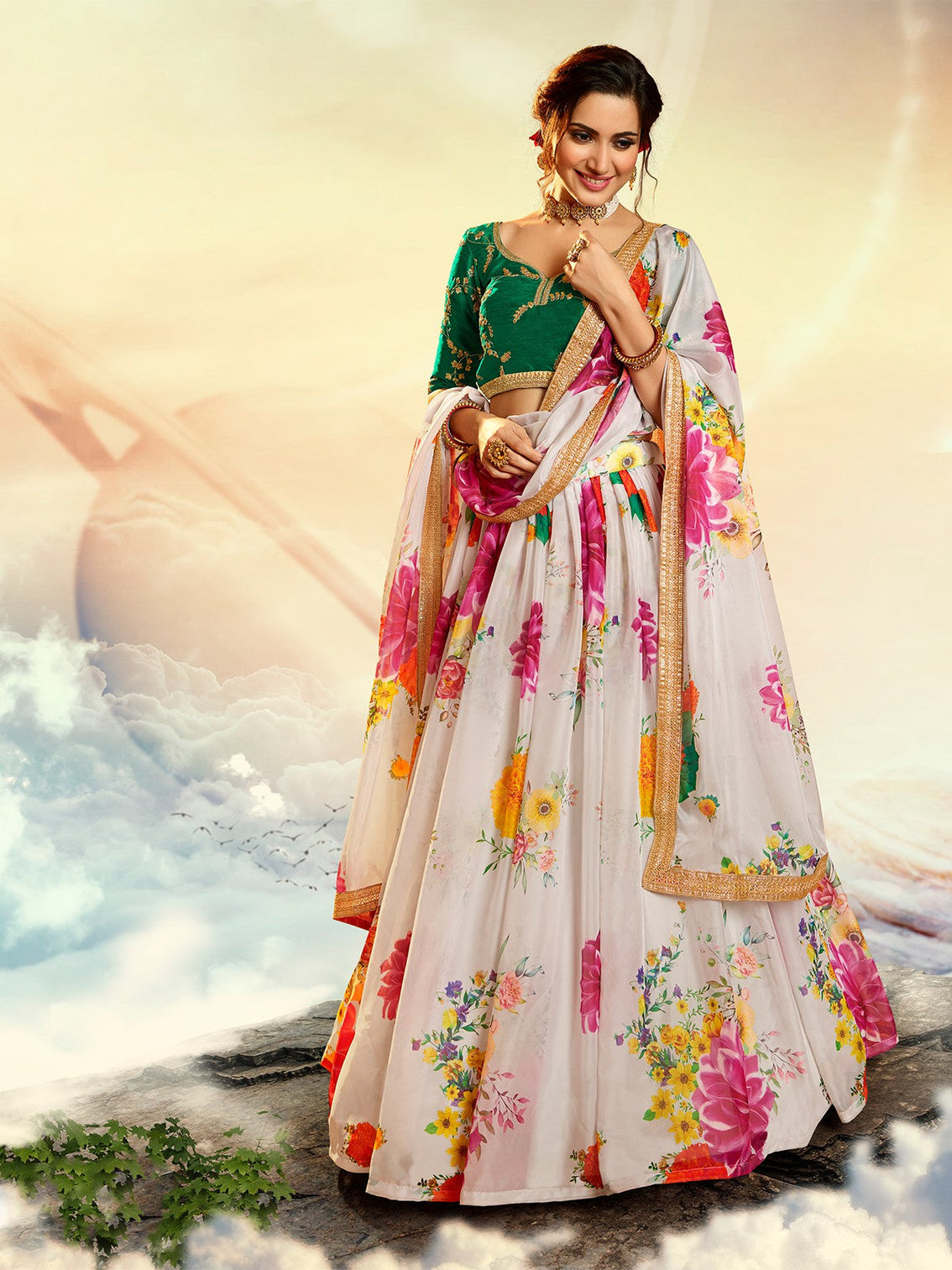 Designer White Semi Stitched Lehenga With Unstitched Blouse