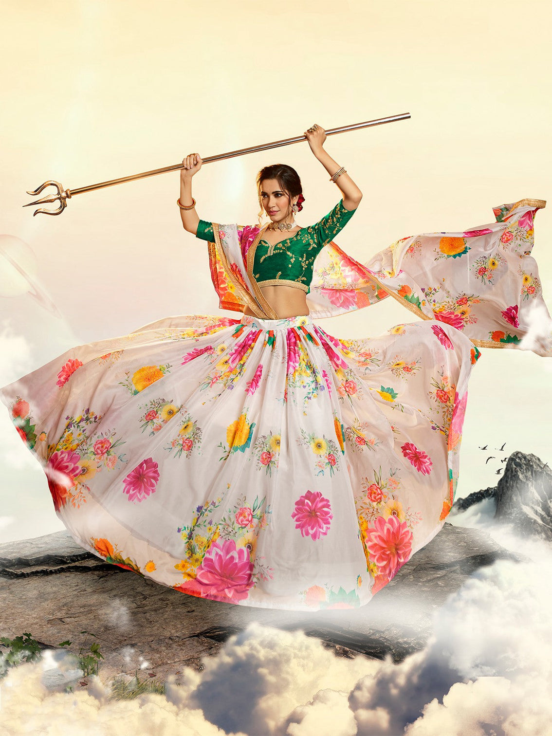 Designer White Semi Stitched Lehenga With Unstitched Blouse