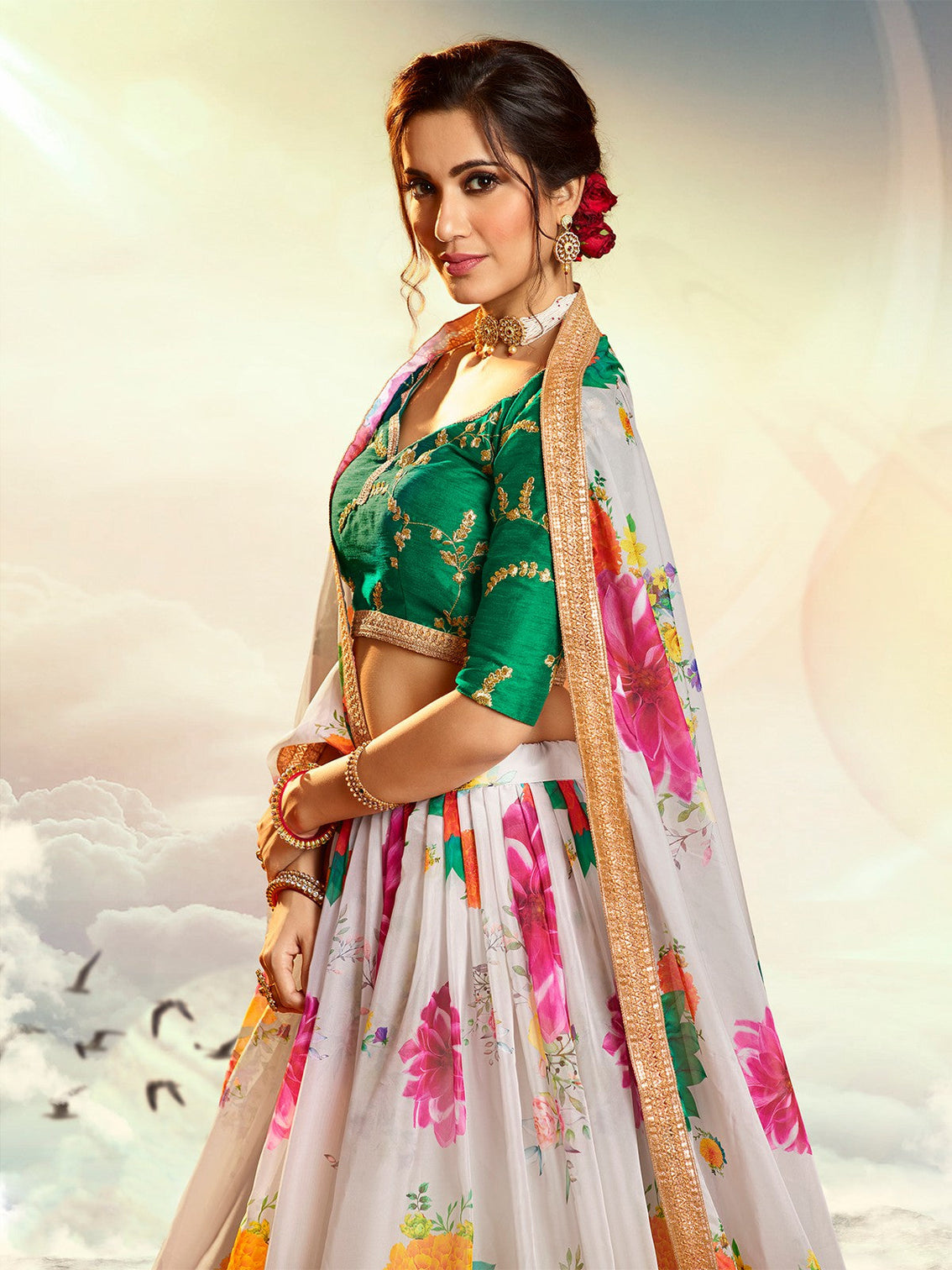 Designer White Semi Stitched Lehenga With Unstitched Blouse