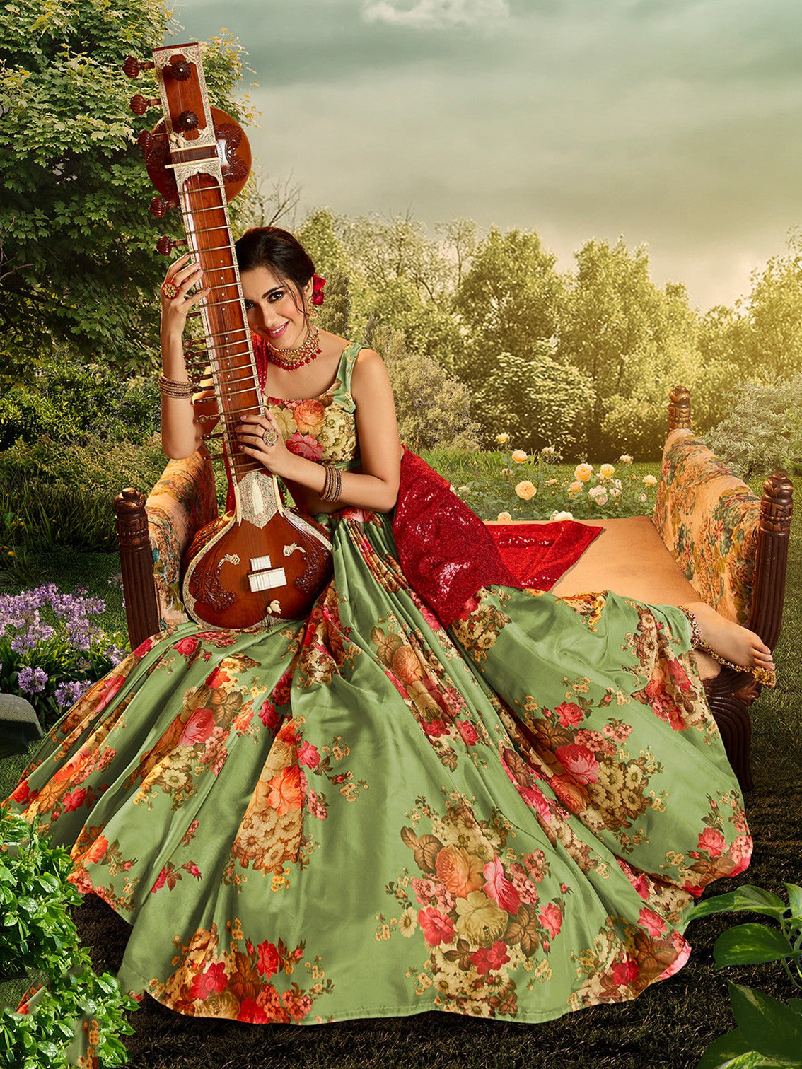 Green Elegant Semi Stitched Lehenga With Unstitched Blouse