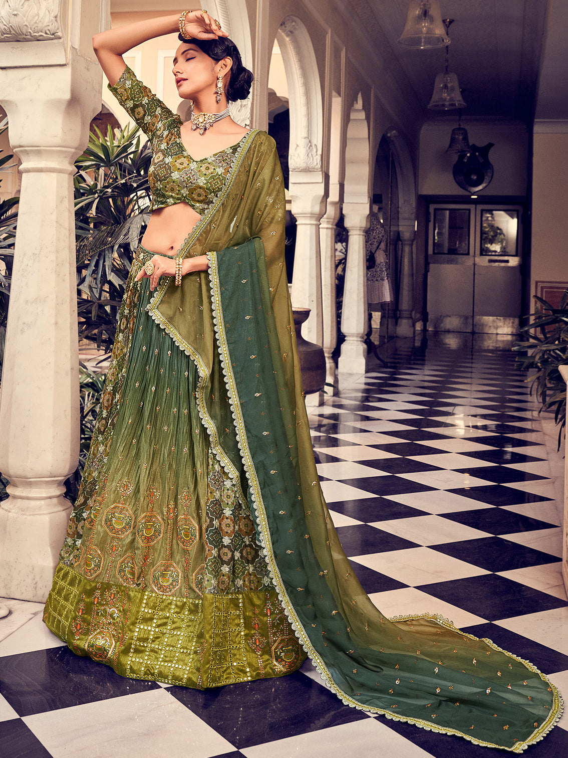 Stunning Olive Green Silk Semi Stitched Lehenga Choli Set