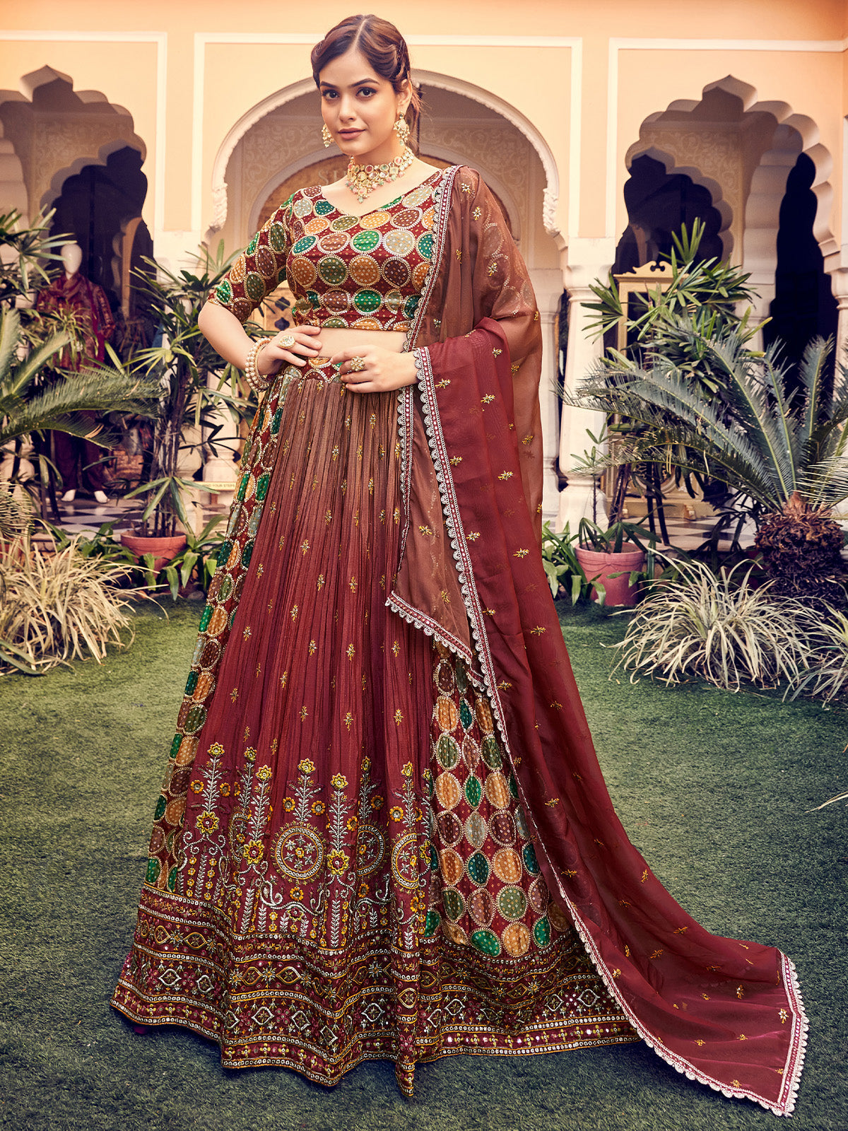 Designer Maroon Silk Semi Stitched Lehenga Choli Set