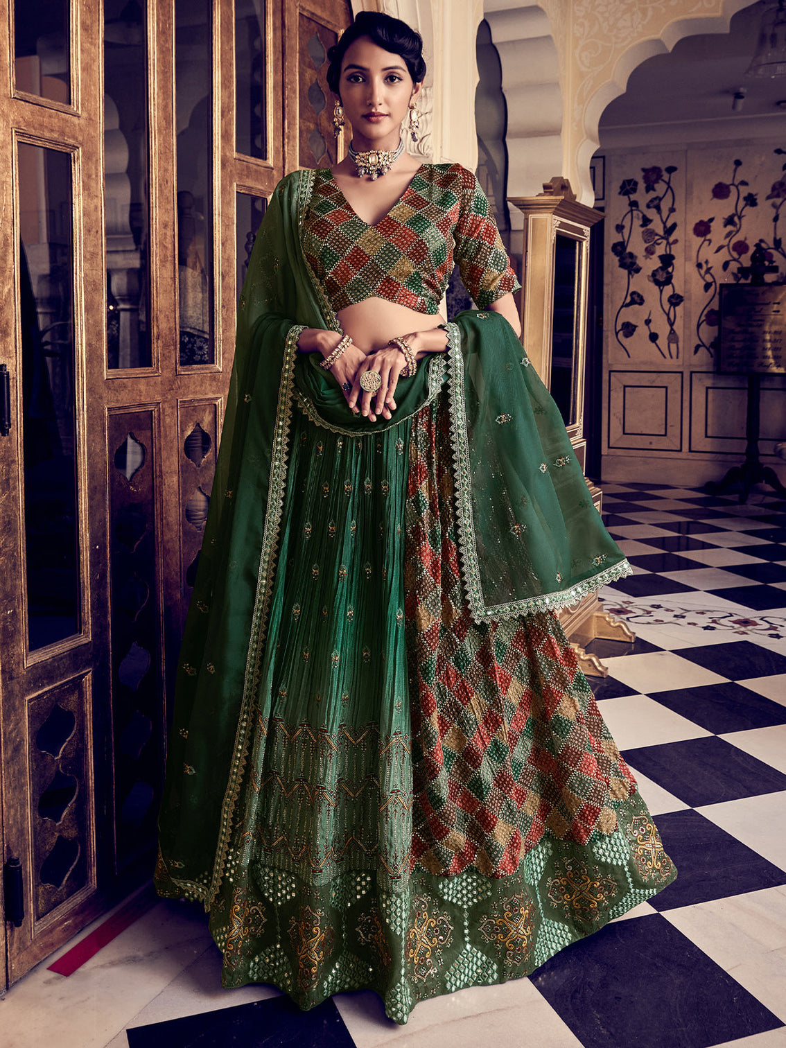 Classic Dark Green Silk Stitched Lehenga Set