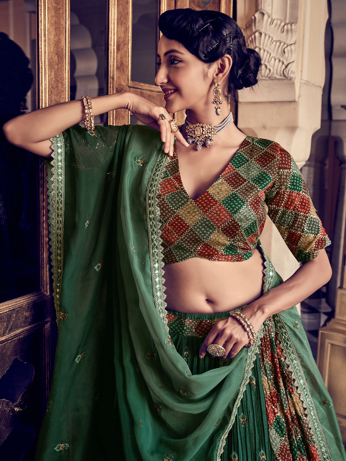 Classic Dark Green Silk Stitched Lehenga Set