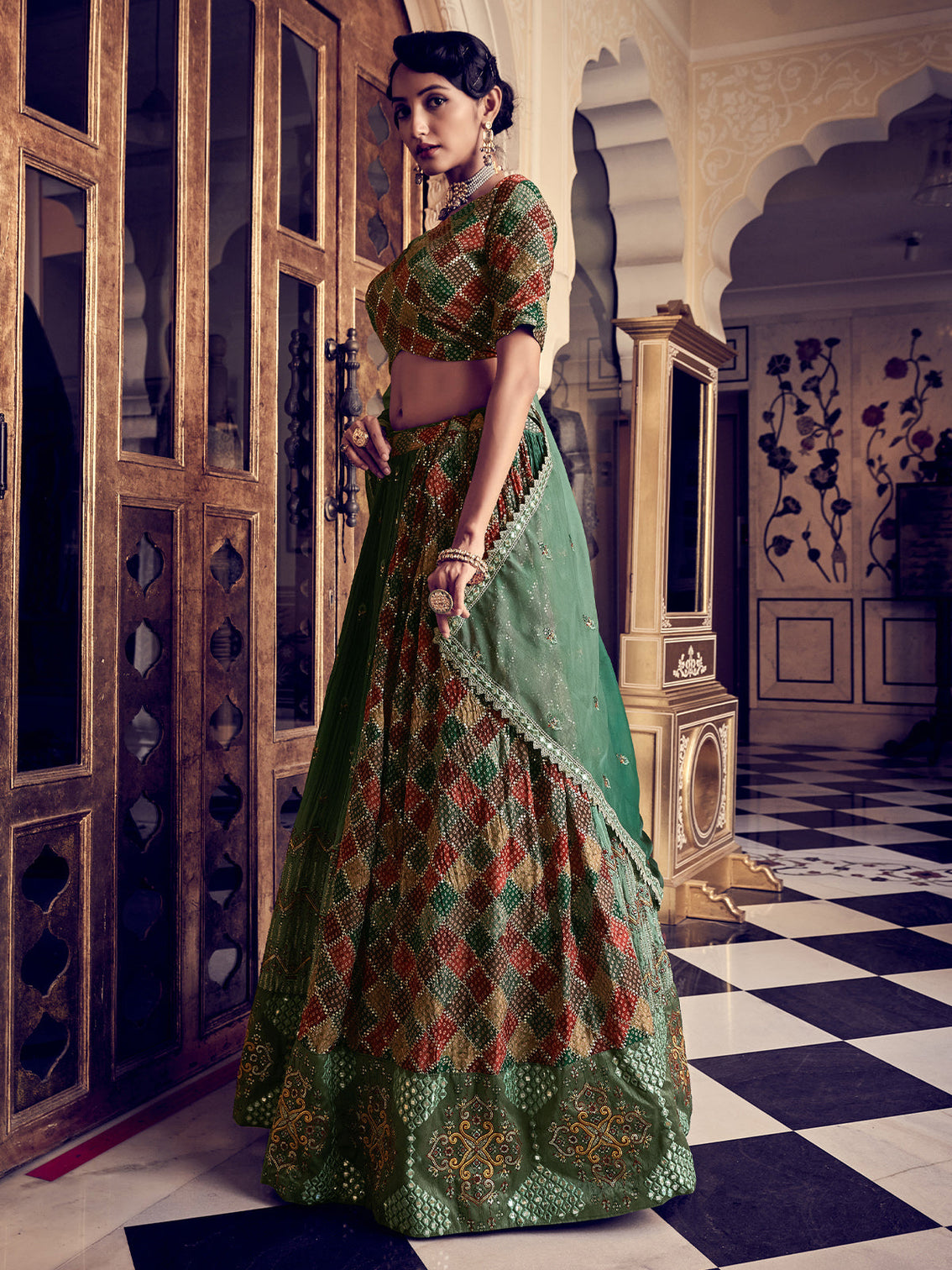Classic Dark Green Silk Stitched Lehenga Set