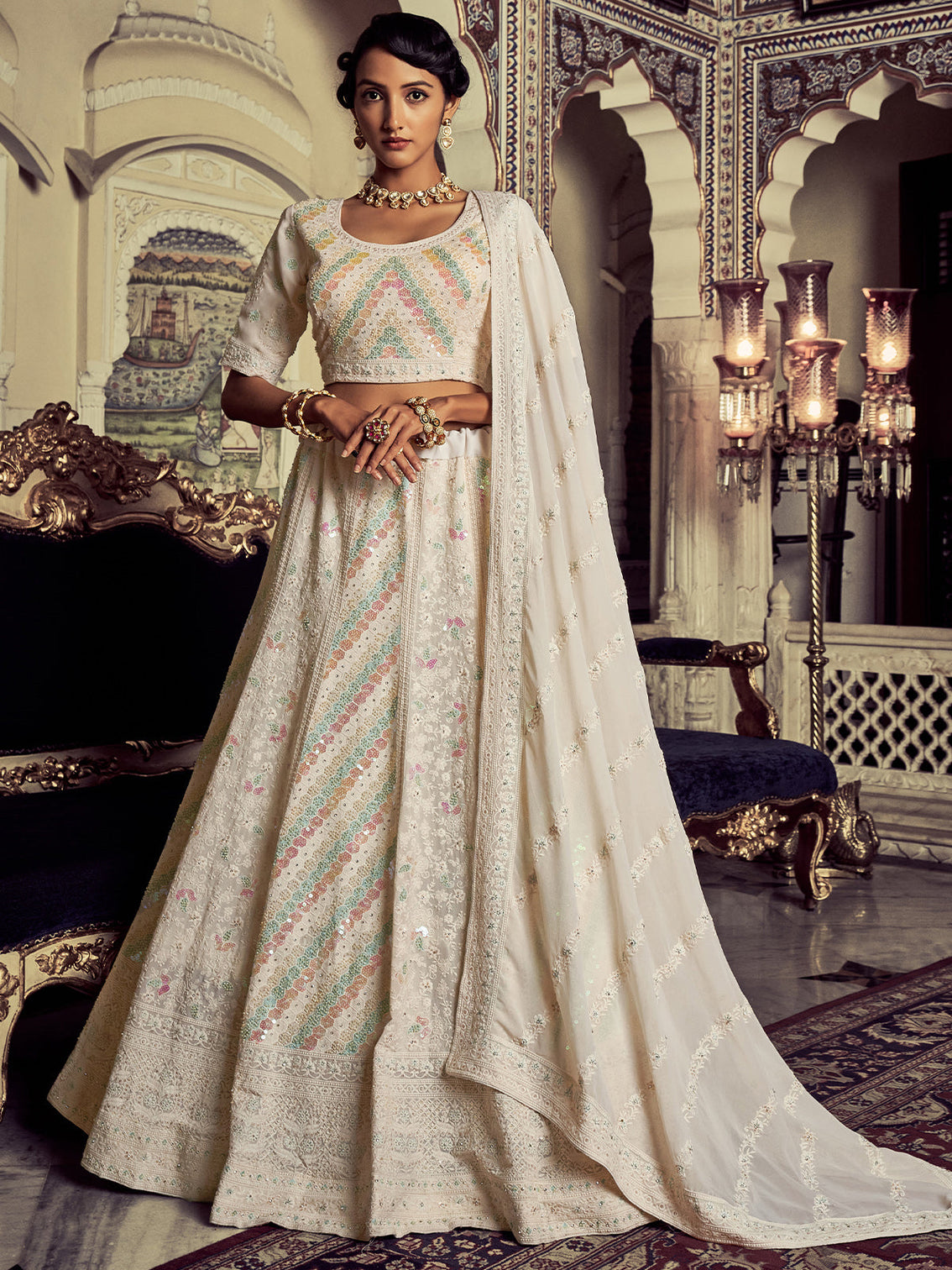 Beautiful Apricot Georgette Embroidered Semi Stitched Lehenga With Unstitched Blouse