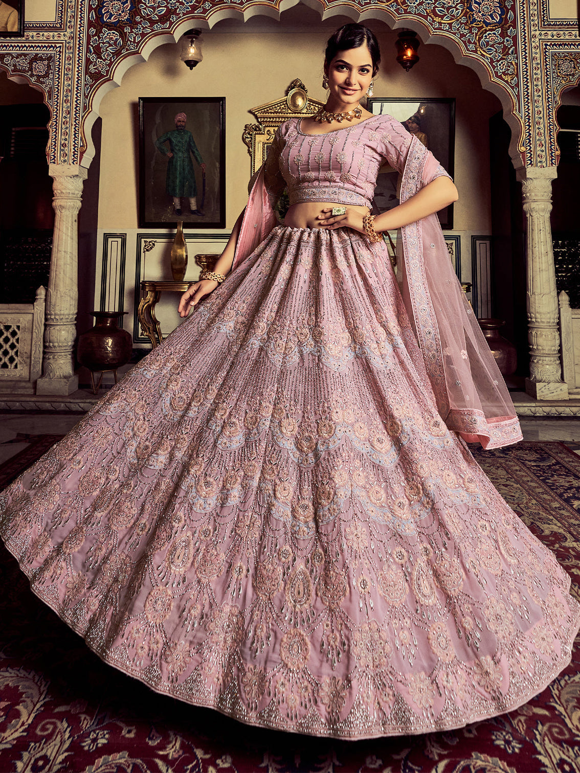 Designer Pink Georgette Embroidered Semi Stitched Lehenga With Unstitched Blouse