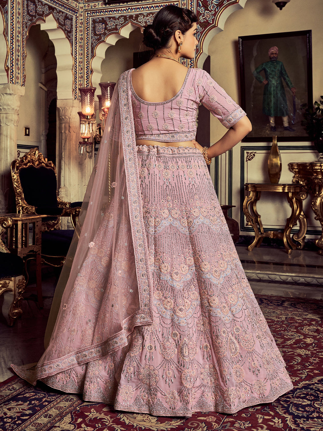 Designer Pink Georgette Embroidered Semi Stitched Lehenga With Unstitched Blouse